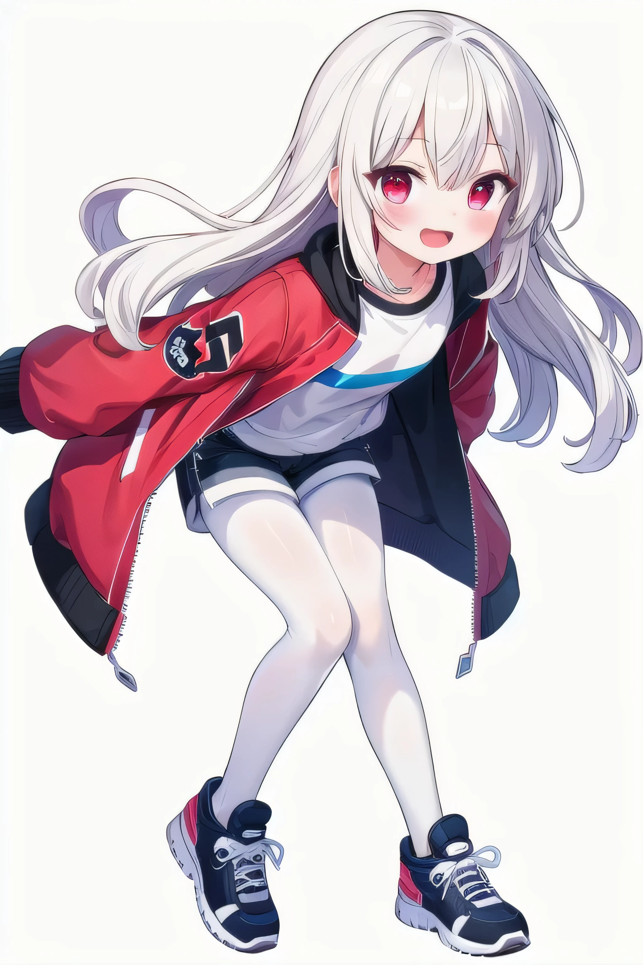 masterpiece, top quality, super detailed, CG illustration, high resolution, better lighting, best shadows, very delicate and beautiful, proper shading, hd, 8k,1girl, solo, blush, smile, open mouth, simple background,long hair, white hair, white background, jacket, full body, pantyhose, shoes, shorts, Bloodred eyes, sneakers, striped pantyhose, vertical-striped pantyhose