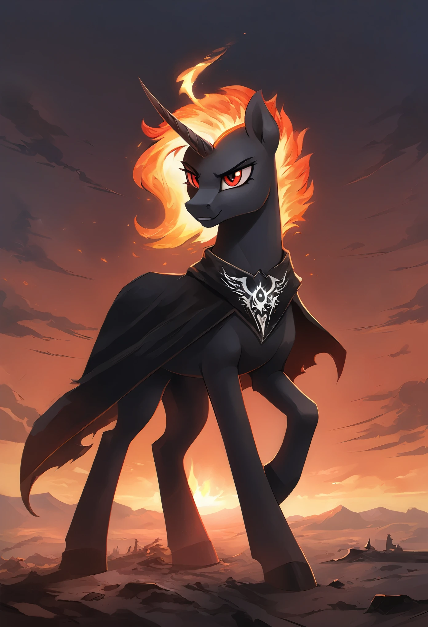 Lucifer Morningstar, MLP, black fur, firey hair, red eyes, death tattoo, black cloak, clockdesolate landscape, fire in the background, post-apocalyptic scene, only one pony, solo scene