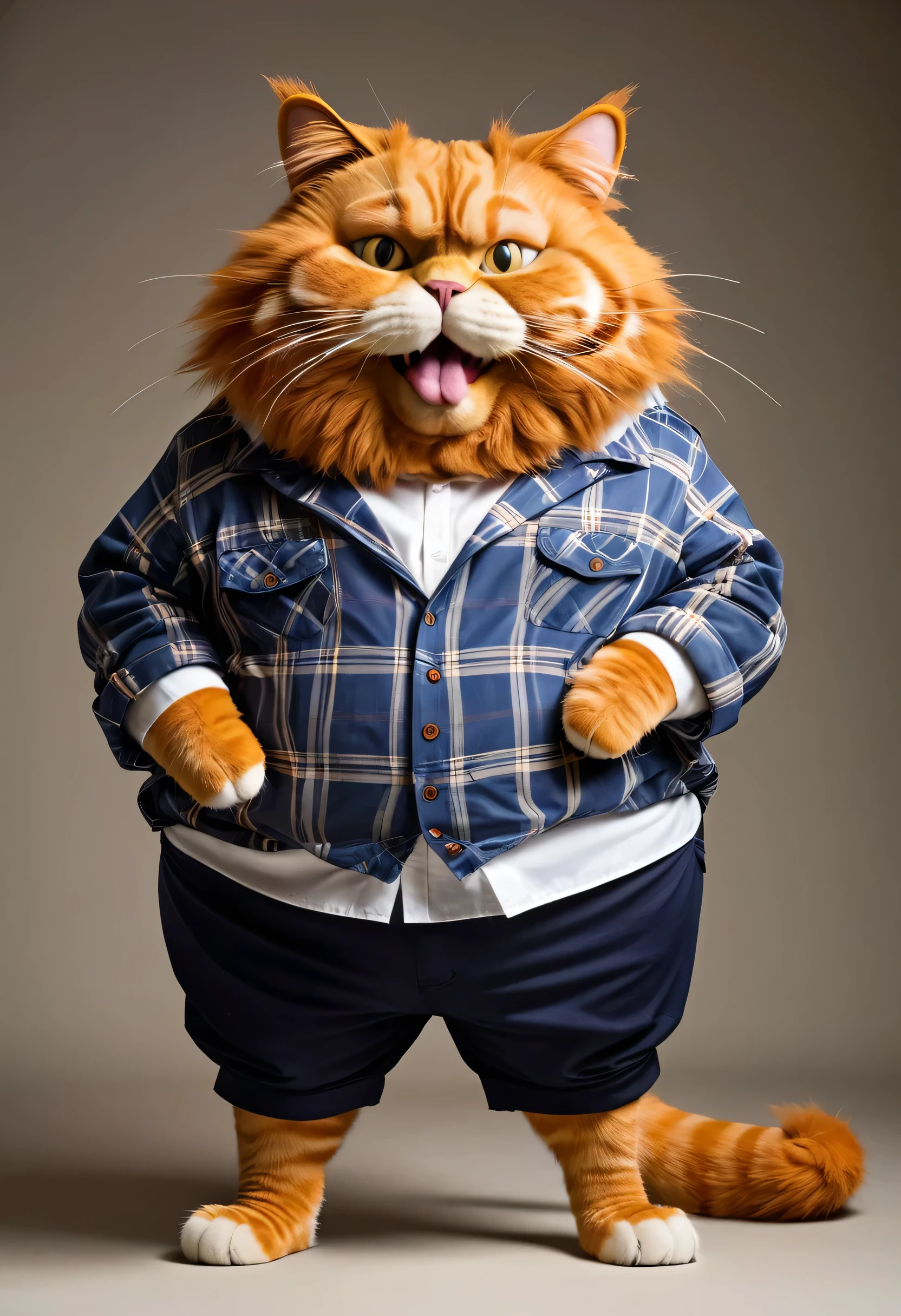 A cute big orange cat with exaggerated and anthropomorphic movements, wearing clothes and being fat