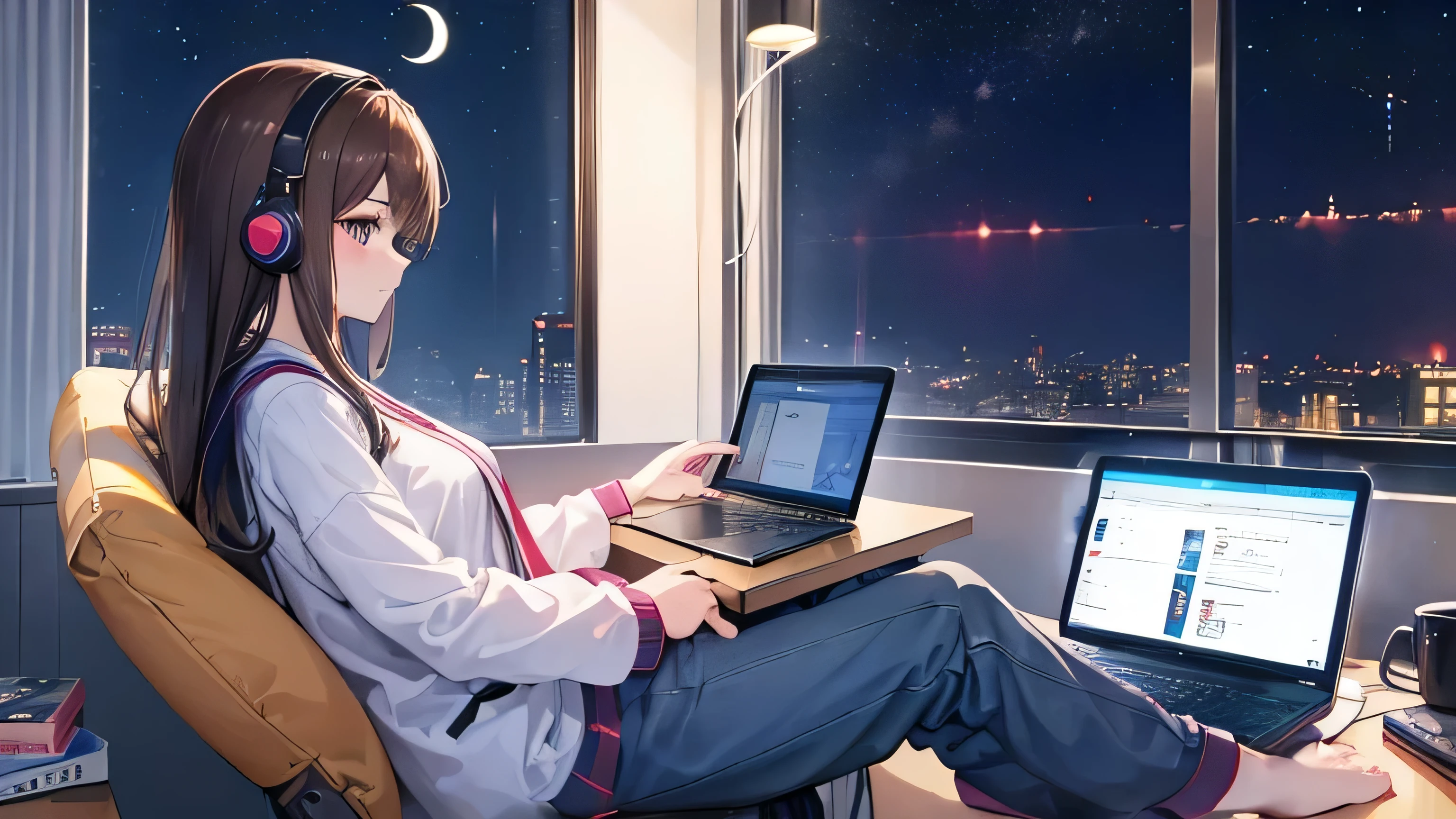 figure, Japanimation Style, super high quality, night, Crescent Moon, Tokyo, Japanese, Brown Hair,、Light blue loungewear, machine、cute, beautiful girl, profile, My Room, Machine by the wall, sitting on a chair looking at a laptop, The laptop screen is slightly visible, Takeaway coffee cup on the machine, Listening to music through headphones, The window is open, Desk lamp light,