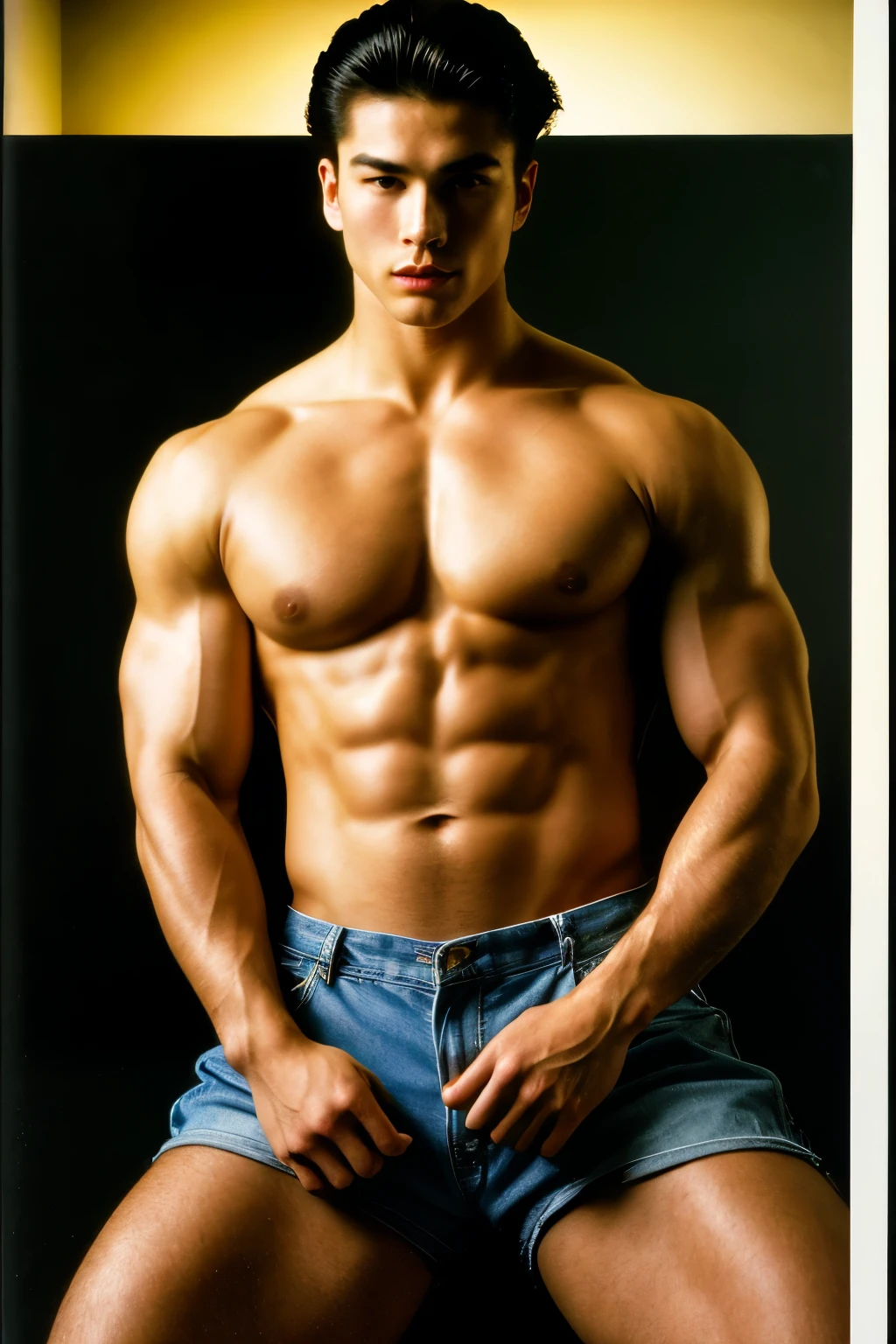 (best quality,ultra-detailed,high resolution,masterpiece:1.2),detailed portrait of a man with extraordinary physique,(realistic,photo-realistic:1.37),epic scene,dark aeshtetic,Japanese artist Rumiko's interpretation of 90s and 80s retro style,fine brushwork,evocative atmosphere,moody lighting,strong contrast, vivid colors,multiple focus points,impeccable attention to facial features and musculature,seamless blending of traditional and contemporary influences,expressive eyes and lips,captivating gaze,impressive body proportions,intricately crafted clothing inspired by the 90s and 80s fashion,confident and charismatic posture,memorable and nostalgic flair.
