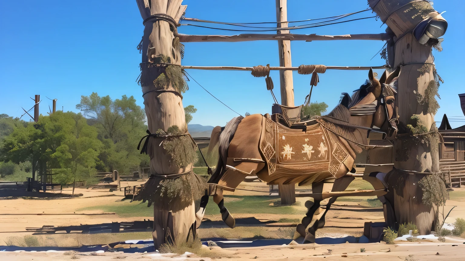 Iconic donkey-pulled mill brand,Stakes made of dead tree hemp rope,More hemp rope,The center is a whole donkey skin shape,Donkey-drawn mill pattern printed on leather,The whole thing is going to be desolate and rough
