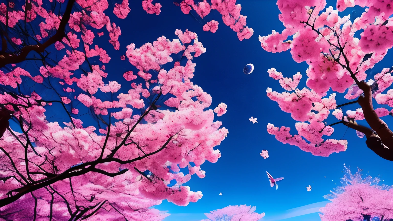 The infinitely expanding universe、Cherry blossom petals are falling。Random rise、In the foreground there is a large cherry tree in full bloom.、Its petals are scattered across space。A blue planet where you can see the Earth、The red and purple nebulae create a mysterious worldview.。