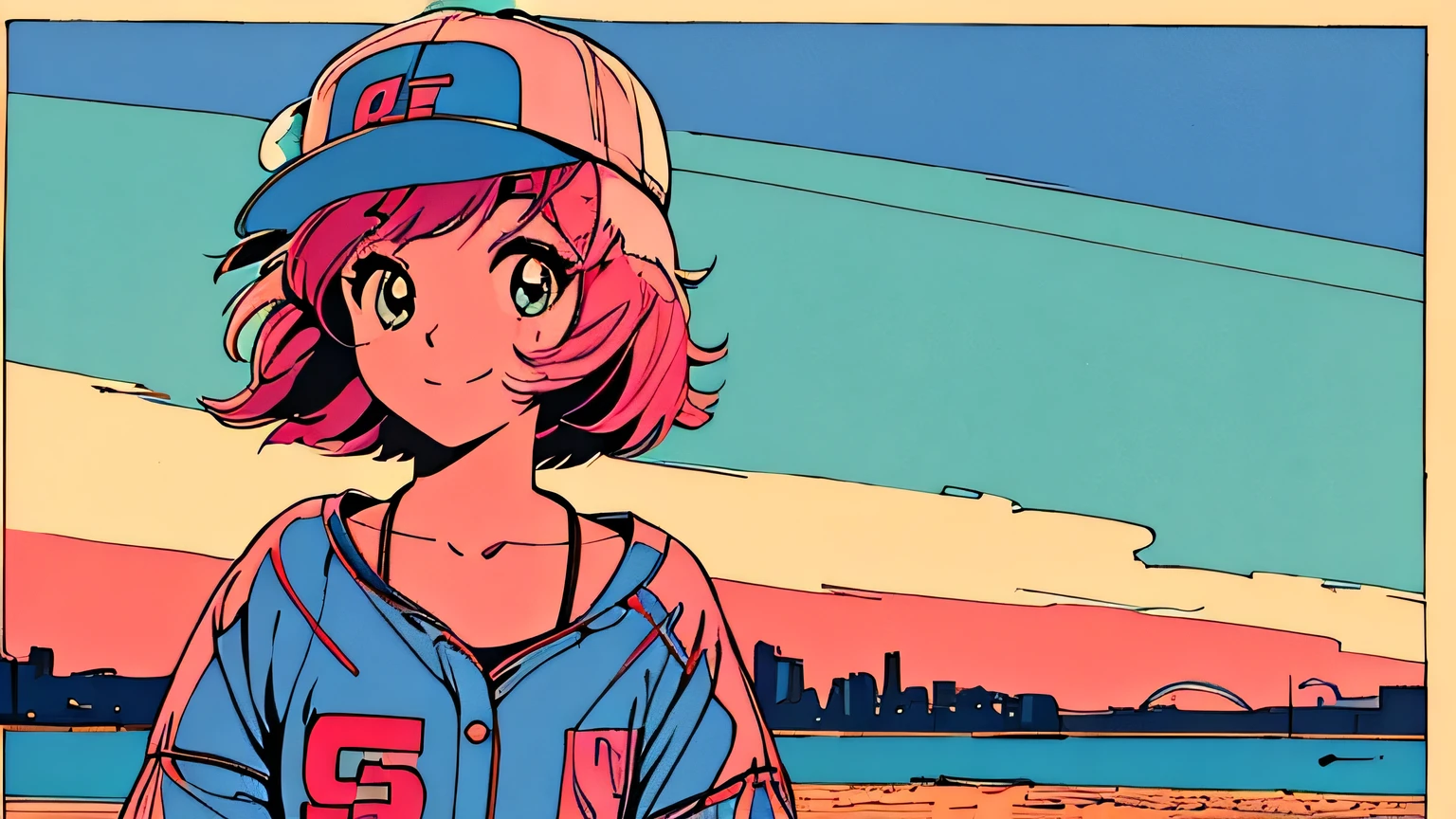 master piece, City Pop style, Pink Hair, fluffy bob cut, wearing headphones, shoulder length, alone, Futuristic, yet, lofi, retro, vintage, Ghost, light smile, baseball cap, sunset, beach, looking away