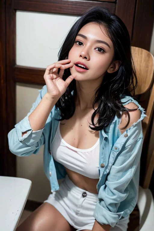 Young sweet beautiful Indonesian girl, 22 years old, slim body, bright beautiful eyes, georgeus face, wet wavy black short hairs, wearing wet long sleeve unbuttoned thin jacket, wearing wet white see through tranparent tank top strict t-shirt, wearing wet white shortpanty, no bra, realistic, very detail, no cartoon, all fingers have normal shape, falling up side down being punished elctrocuted using very high voltage on electrical chair, grimmaced very painfull face, shocked eyes, shounting open wide mouth,