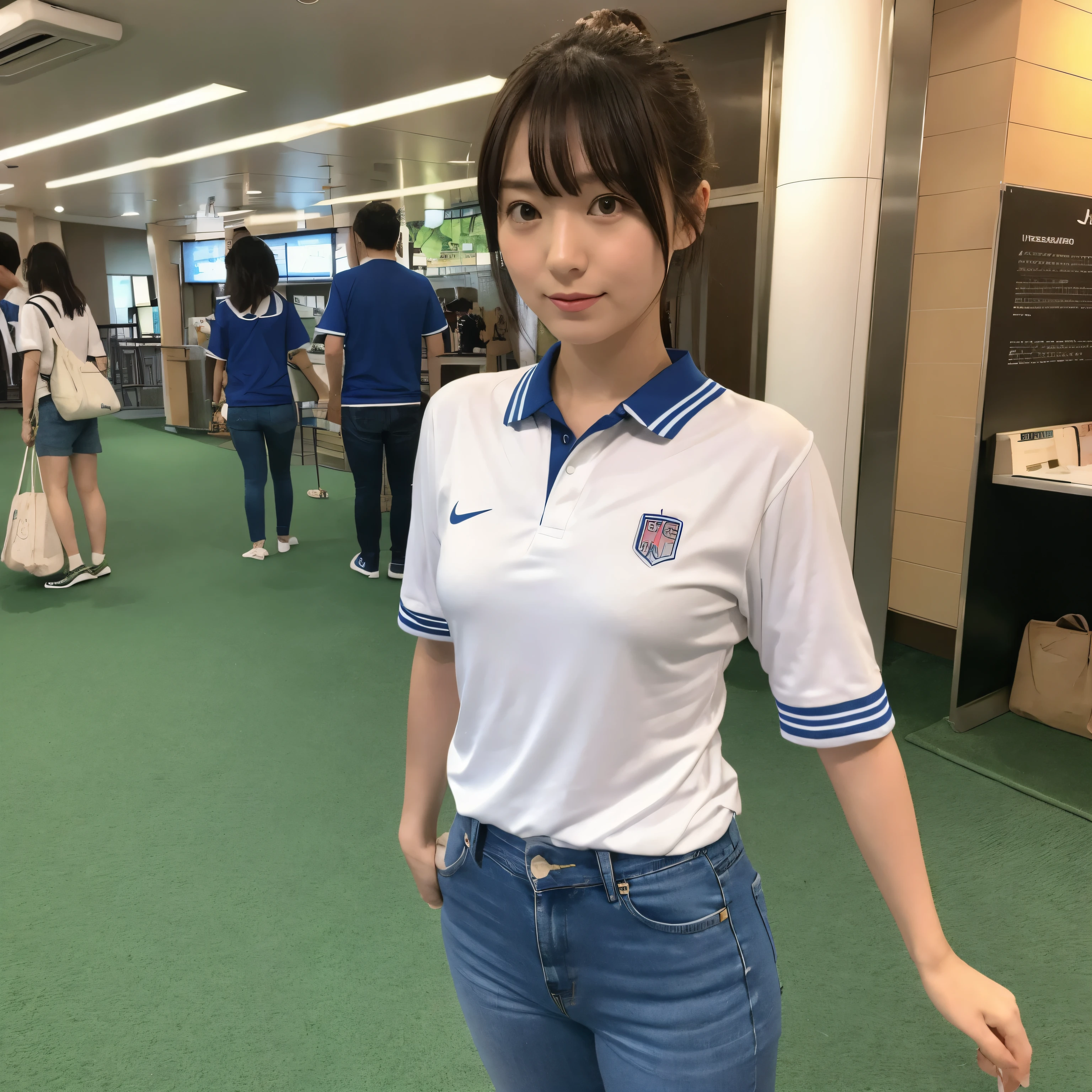 Cute Japan２４Old woman， Plain soccer uniforms，wear skinny jeans、 Very big  ,　Emphasize the chest、International travel destinations、Full body photo、Instagram