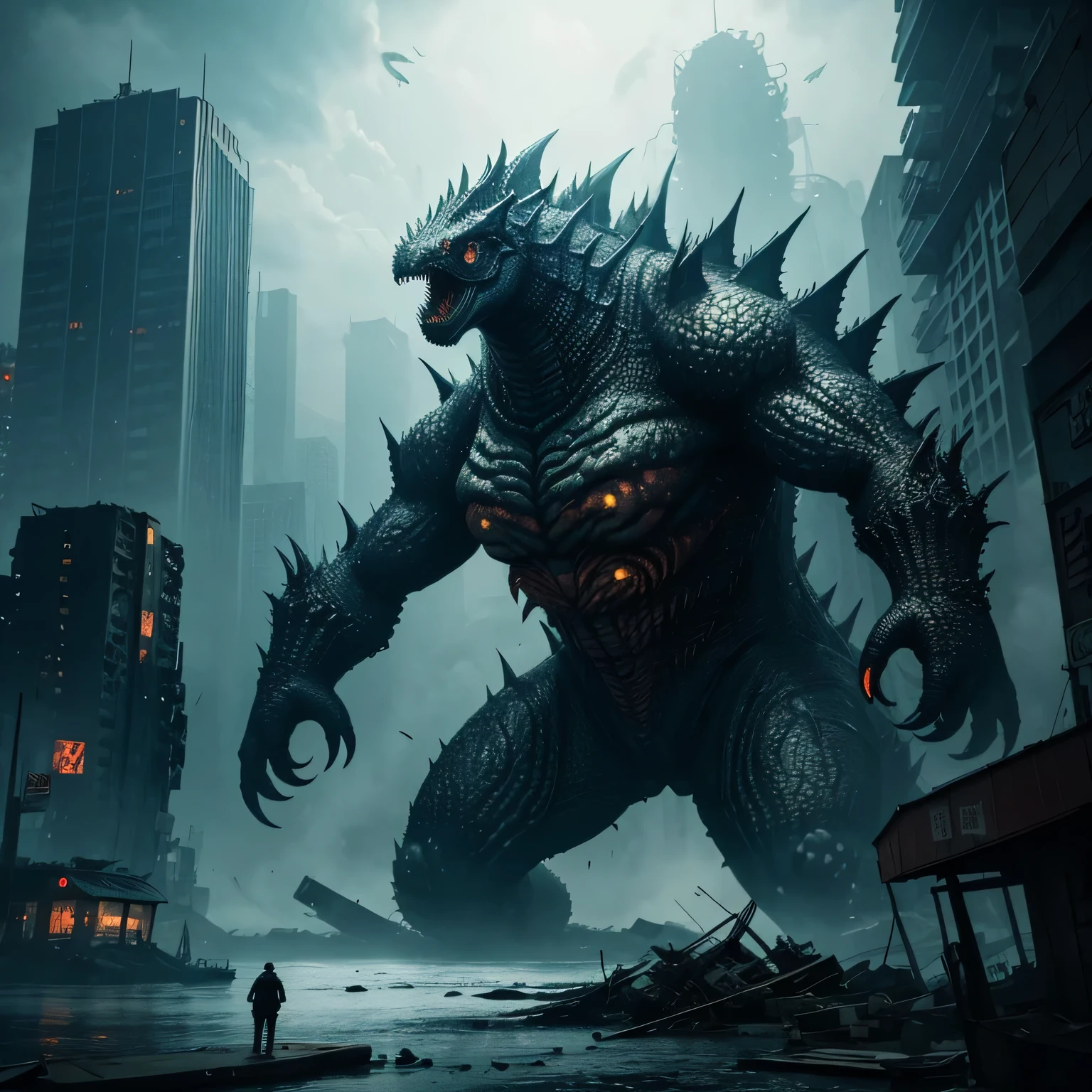 a monstrous skeletal-faced humanoid kaiju, muscular, in a night city, (electric, spikes),(frontal angle),(destroyed city),(clenched fists, dynamic pose, inspired by Hibino: Kaiju No. 8),best quality,8k,highres,masterpiece:1.2,ultra-detailed,realistic,photorealistic:1.37,HDR,UHD,studio lighting,ultra-fine painting,sharp focus,physically-based rendering,extreme detail description,professional,vivid colors,bokeh,sci-fi