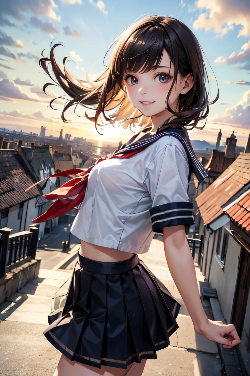 very cute and beautiful girl,(highly detailed beautiful face),
(smile),black hair,(sailor ,pleated navy blue mini skirt),dynamic pose,looking at viewer,
many european houses with red roof,(town overview),
(best quality,masterpiece),absurdres,highres,ultra-detailed,extremely detailed,32k,8k resolution,
intricate details,cinematic scene,detailed background,solo,dynamic angle,
hair fluttering in the wind,beautiful detailed sky,realistic,