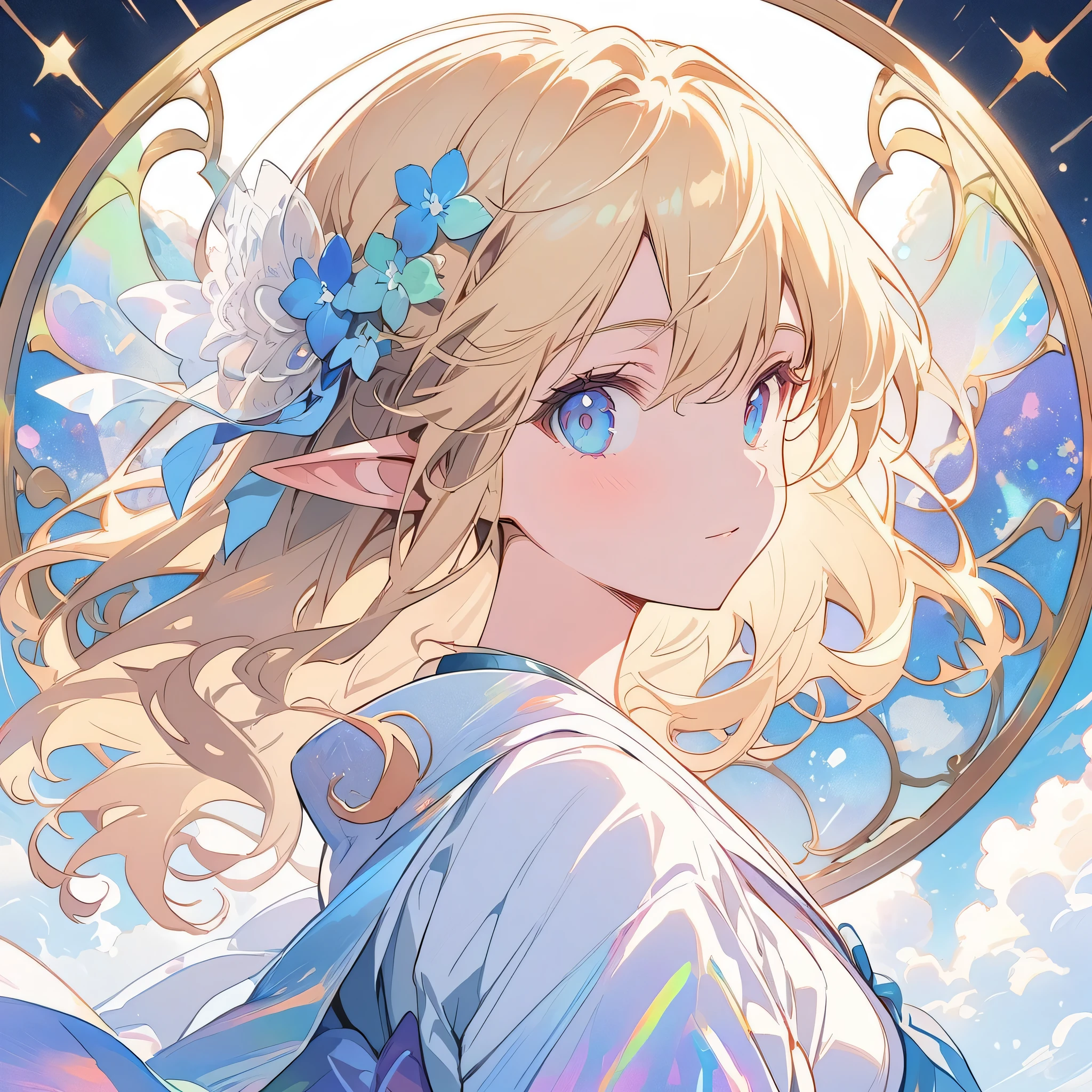 logo mark of elf girl side face, blue eyes, long blonde, circle frame ivy, art nouveau, text "ELF"、(highest quality、masterpiece、High resolution、detailed)、anime style、Flat Style、(eyes shining iridescent colors illuminated light,Beautiful Face), BREAK,Dynamic Angle、extremely detailed、anime