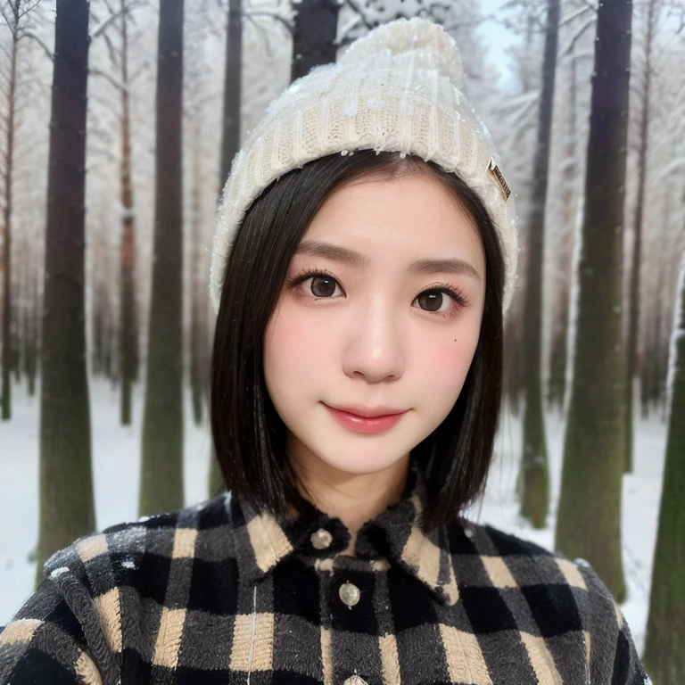 (kawaii 24 year-old Japanese girl, Nogizaka idol, Korean idol), (glossy black hair, short bob, even and symmetric hair design:1.3), (deep black eyes, rounded face, single eyelid, no makeup, soft smiling:1.2), (wearing longsleeved flannel shirt, knitted beanie:1.3), (extra small breasts:0.9), (looking at camera:1.2), BREAK, (snowy winter forest background:1.3), (bust shot, view from below:1.3), BREAK, (masterpiece, best quality, photo realistic, official art:1.4), (UHD, 8K quality wallpaper, high resolution, raw photo, golden ratio:1.3), (shiny skin), professional lighting, physically based rendering, award winning, (highly detailed skin, extremely detailed face and eyes), Carl Zeiss 85 mm F/1.4, depth of field, 1girl, solo,
