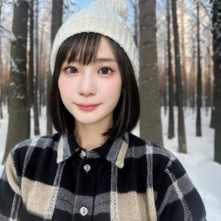 (kawaii 24 year-old Japanese girl, Nogizaka idol, Korean idol), (glossy black hair, short bob, even and symmetric hair design:1.3), (deep black eyes, rounded face, single eyelid, no makeup, soft smiling:1.2), (wearing longsleeved flannel shirt, knitted beanie:1.3), (extra small breasts:0.9), (looking at camera:1.2), BREAK, (snowy winter forest background:1.3), (bust shot, view from below:1.3), BREAK, (masterpiece, best quality, photo realistic, official art:1.4), (UHD, 8K quality wallpaper, high resolution, raw photo, golden ratio:1.3), (shiny skin), professional lighting, physically based rendering, award winning, (highly detailed skin, extremely detailed face and eyes), Carl Zeiss 85 mm F/1.4, depth of field, 1girl, solo,