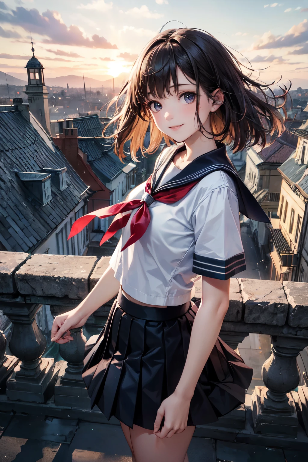 very cute and beautiful girl,(highly detailed beautiful face),
(smile),black hair,(sailor ,pleated navy blue mini skirt),dynamic pose,looking at viewer,
many european houses with red roof,(town overview),
(best quality,masterpiece),absurdres,highres,ultra-detailed,extremely detailed,32k,8k resolution,
intricate details,cinematic scene,detailed background,solo,dynamic angle,
hair fluttering in the wind,beautiful detailed sky,realistic,