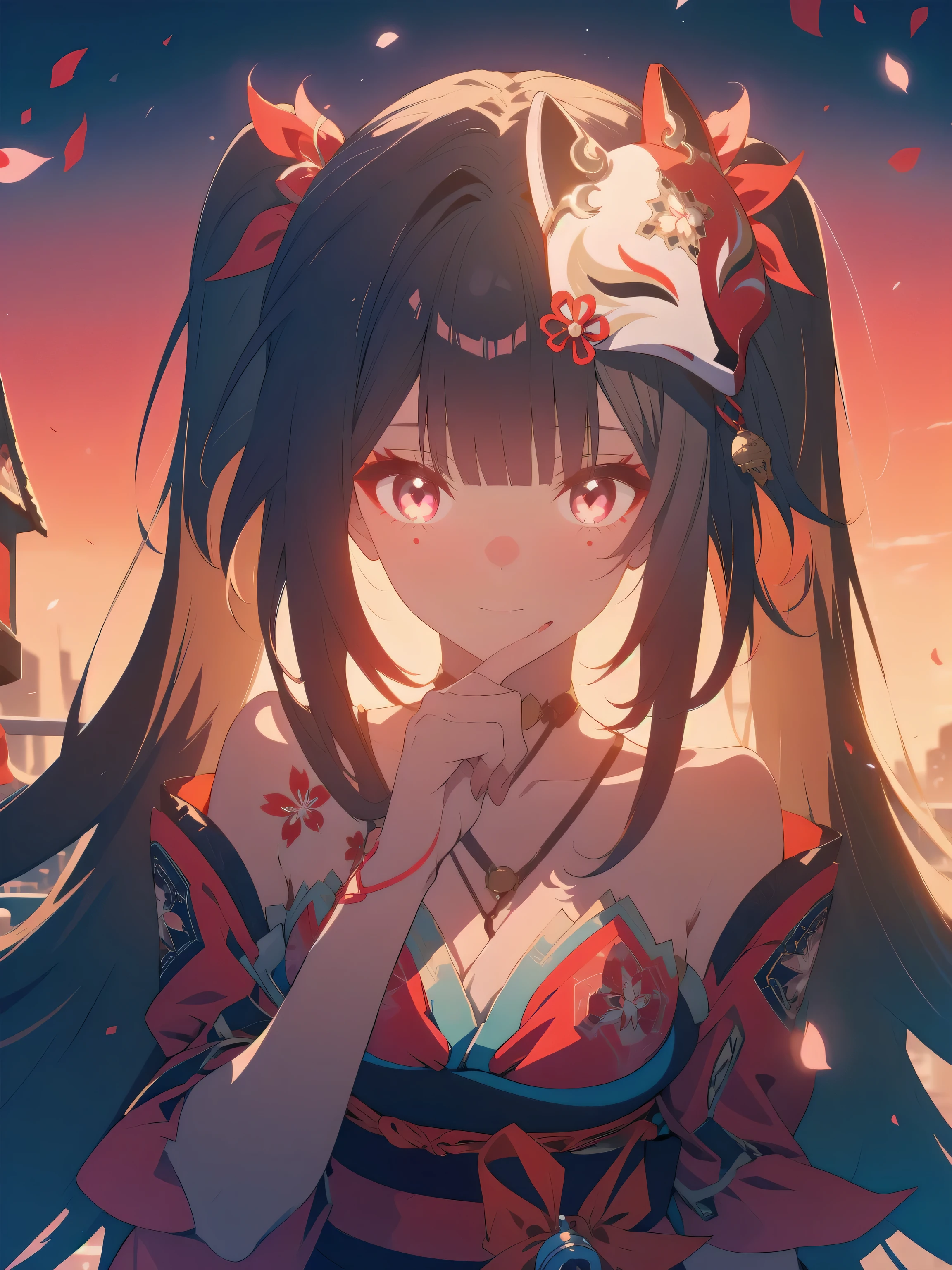 masterpiece, high quality, 1girl, amazing cinematic, sparklehsr, evil, menacing, glowing eyes, yandere, holding face, red gold-trimmed kimono, o-ring halterneck, hair ornaments, well-drawn hands, fingers, bare hand, thumbs, mole under both eyes, red string, flower tattoo, neck bell, red fox mask on head, butterfly-shaped pupils, brown gradient hair, ominous red lighting, scary, grinning, spider lily flowers,
