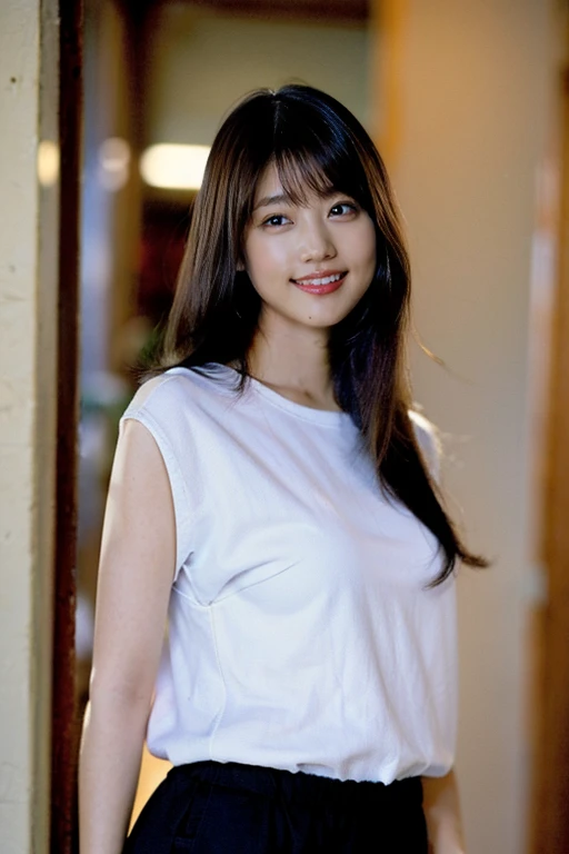 (8k, RAW Photos, highest quality, masterpiece:1.2), (Realistic, photo-Realistic:1.37), Very detailed, whole body、Ultra-high resolution,1 girl,View your viewers,Beautifully detailed face,smile,narrow,(Narrow waist:1.3),shirt, Beautifully detailed skin, Skin Texture, Floating Hair,Professional Lighting,Leaning against a wall