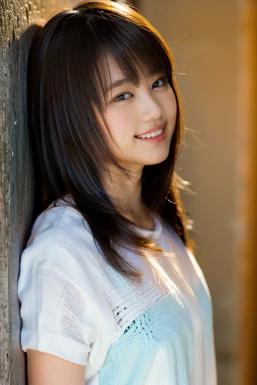 (8k, RAW Photos, highest quality, masterpiece:1.2), (Realistic, photo-Realistic:1.37), Very detailed, whole body、Ultra-high resolution,1 girl,View your viewers,Beautifully detailed face,smile,narrow,(Narrow waist:1.3),shirt, Beautifully detailed skin, Skin Texture, Floating Hair,Professional Lighting,Leaning against a wall