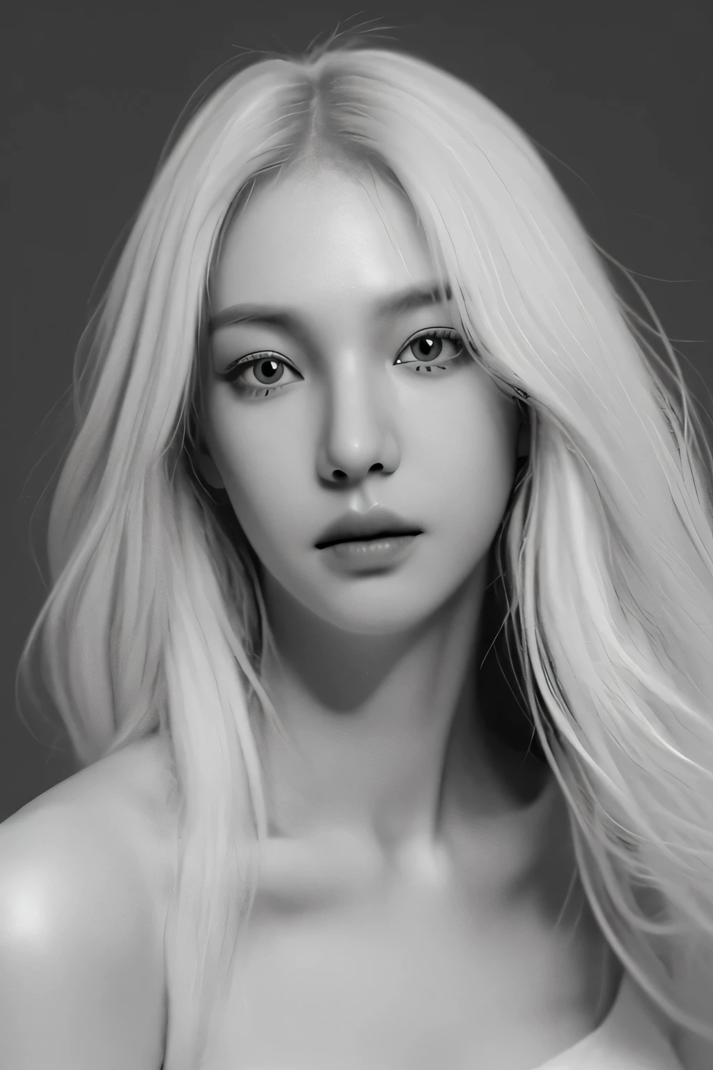 1girl, greyscale, black & white photo, solo, long hair, blonde, realistic, upper body, nose, lips, closed mouth, expressive eyes, dress, simple background, close shot,