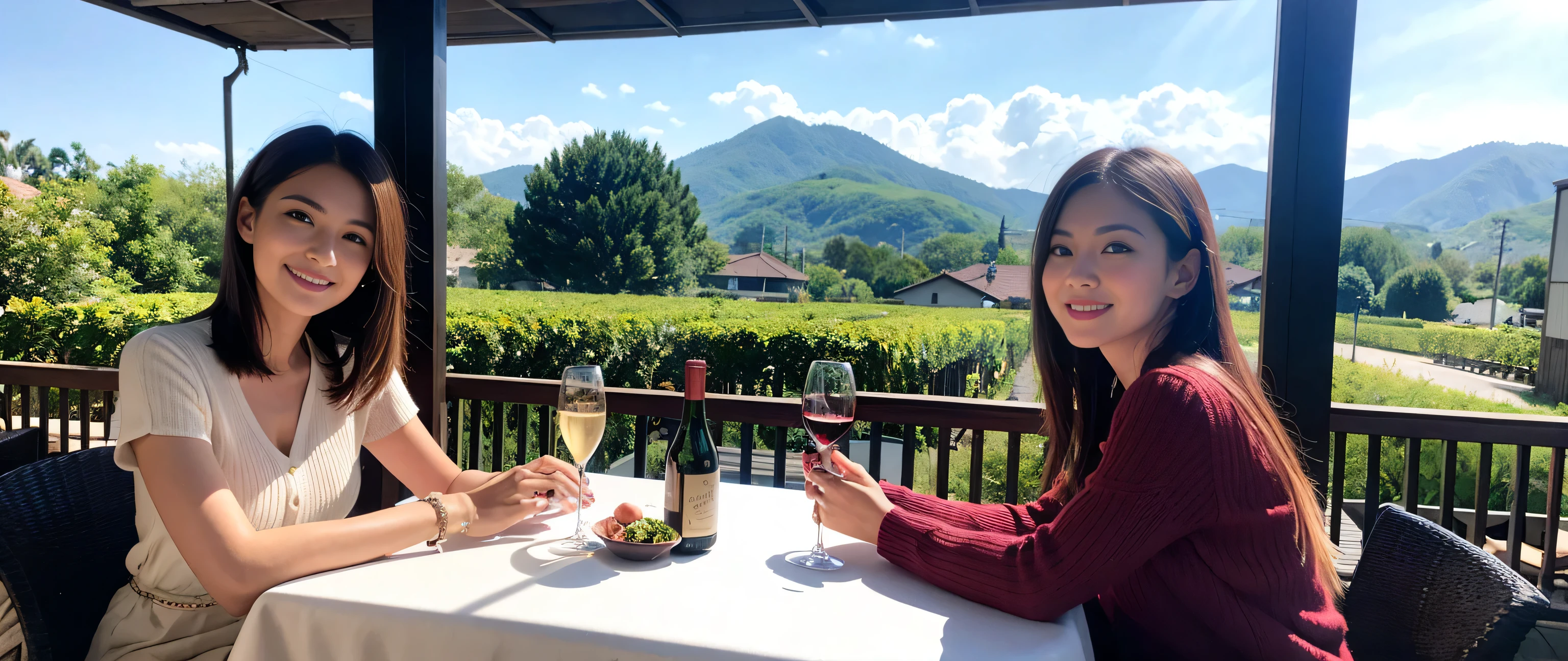 ((highest quality、8k、masterpiece:1.3))、Beautiful woman perfect body:1.4、Slim body、((Bob Hale、Straight hair:1.2))、 Ultra-high resolution, Bright image、2. The beauty of wine, Beautiful Face, blue eyes, Beautiful Eyes, The light shines on your face, Blushing your nose, short hair,Amazing view of the sunset sky and clouds、Amazing mountain views、A bright smile、A lovely woman with a smile、Bright Face、Fox face、Lady、Champagne、Wine bottle、wine glass、red wine 、Appetizers、Italian food、Two beauties、Brown Hair、Shortcuts、Long sleeve shirt、Winter Fashion、dress、Wine bottle、sparkling wine、Pretty Woman 1, (Slim face), (Brown Hair), (Shortcuts), cheeks turn a little red, (42 years old), 39 years old, Attractive beauty、restaurant, Nova Frog Style, actress, model, Upper Body, White wine, slim, wine glass, A wine glass placed in the middle, smile, (smile: 1.15), Beautiful Eyes, Strong light and shadow,Moist Body:1.5、Delicate eyes、Brown Hair、The hair is very shiny、