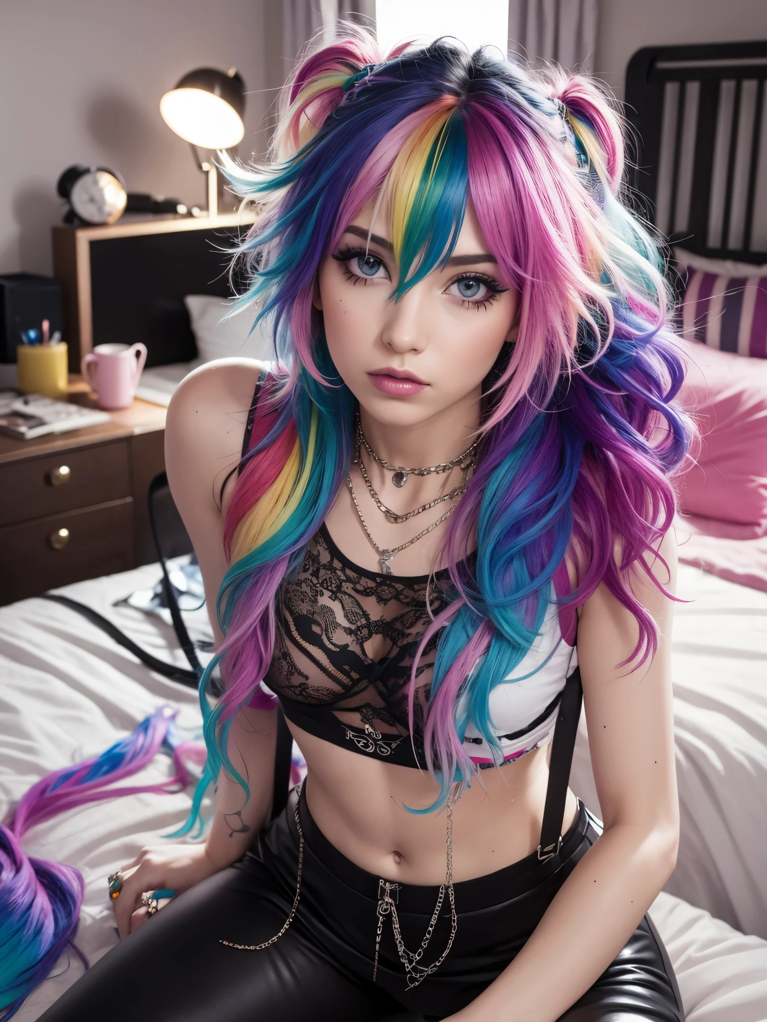 bedroom, messy hair, rainbow hair, alternative, glam rock