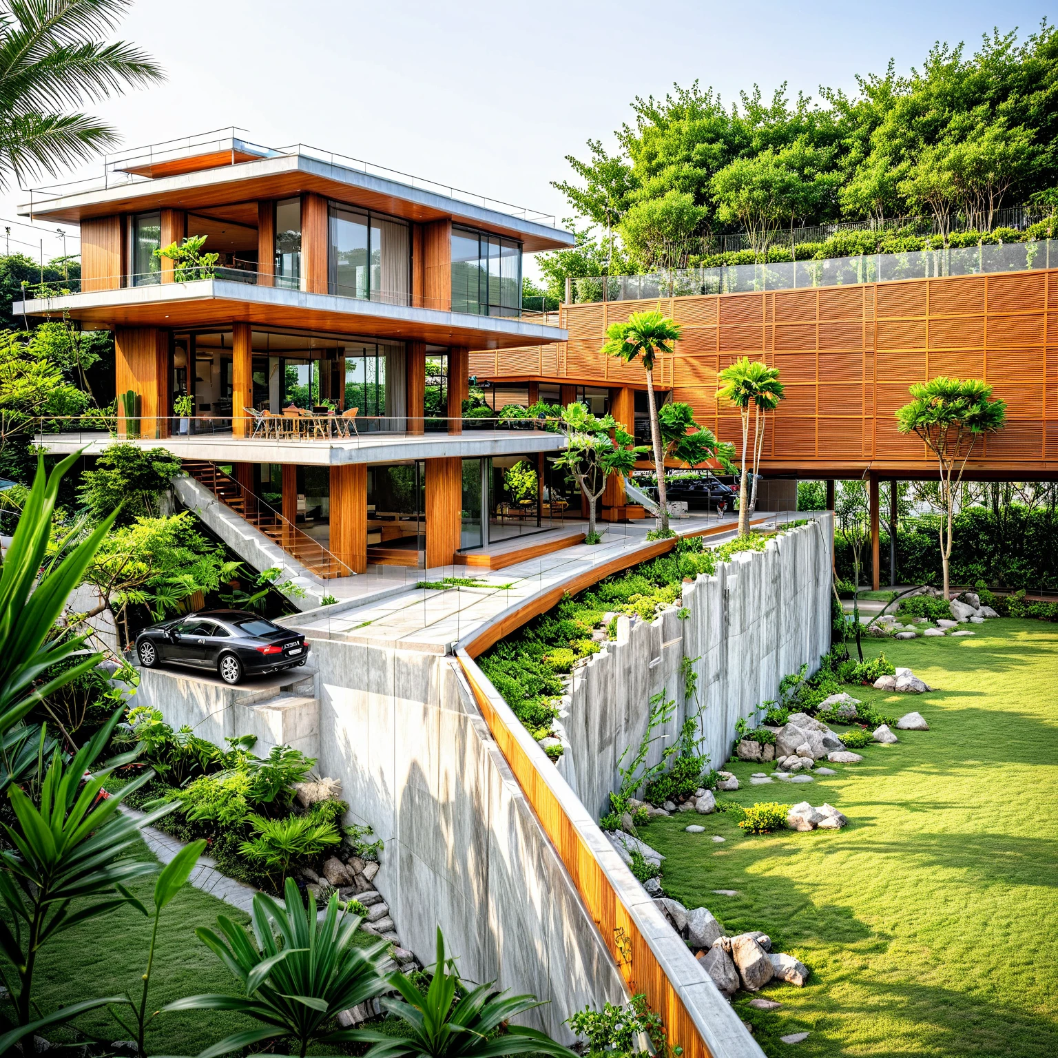 there is a plant growing in a pot on a wooden structure, mesh, wooden structure, polygonal wooden ceiling, building covering with plants, detailed structure, architectural photo, facially perfect geometry, module, wooden rack, geometry, textured wall, symmetrical details, open wall architecture home exterior, minimalist structure, Japanese architecture, old white wall