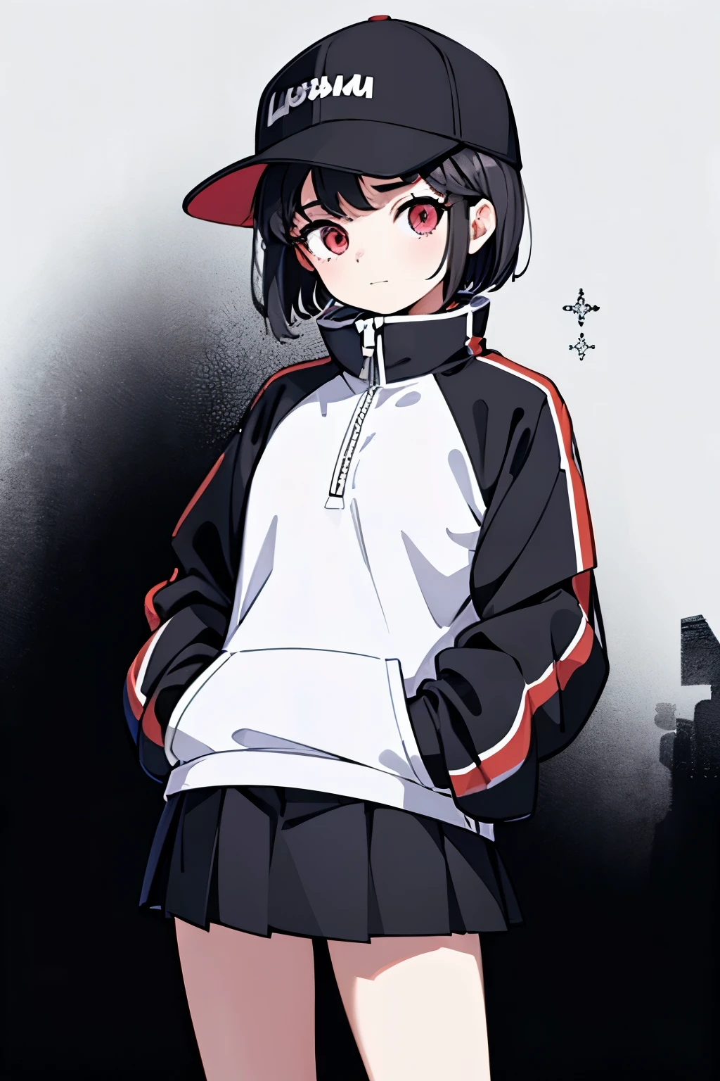 (((masterpiece, illustration, best quality))), 1girl, solo, red eyes, ((detailed eyes)), looking at viewe, ((short hair)), ((black hair)), standing, ((baseball hat)), white headwear, upper body, black jacket, Closed sweater, ((Scenenary:white background)), black socks, ((black shirt)), perfect body, fit body, (closed mouth), , (hands in pockets), waterproof jacket, skirt white