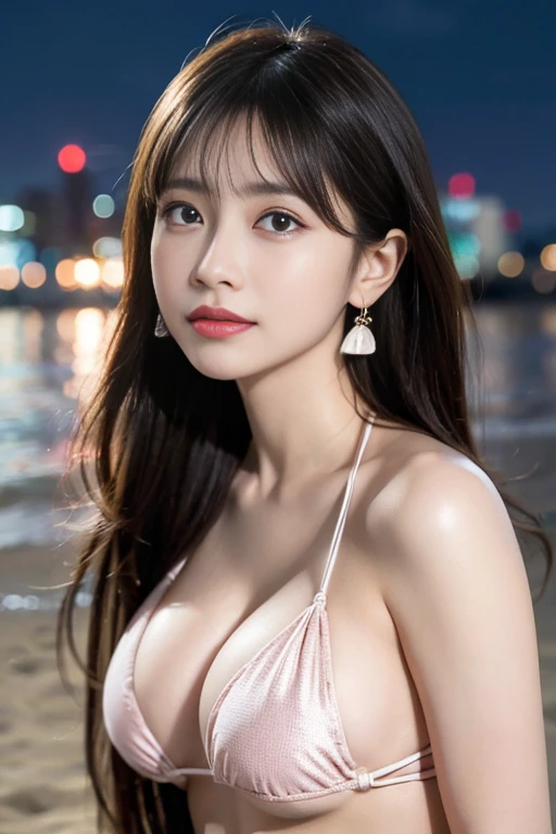 Best image quality, original photo, Ultra-high resolution, Shot from the side, Gentle smile, Golden ratio face、(Chest:1.4), (Bikini:1.2),Emphasize thighs、White skin, 光滑White skin, Wavy hair, Neatly arranged bangs, beautiful eyes, beautiful eyes of random colors, Thin lips, beautiful eyes with details, Eyes become longer, Pale pink cheeks, Long eyelashes, Beautiful double eyelids, Eyeshadow, earrings, Beautiful and detailed sky,Detailed Tokyo cityscape,night, Beautiful and delicate eyes, 领带Bikini,(whole body),(Long hair:1.5),Flowing hair、On the beach