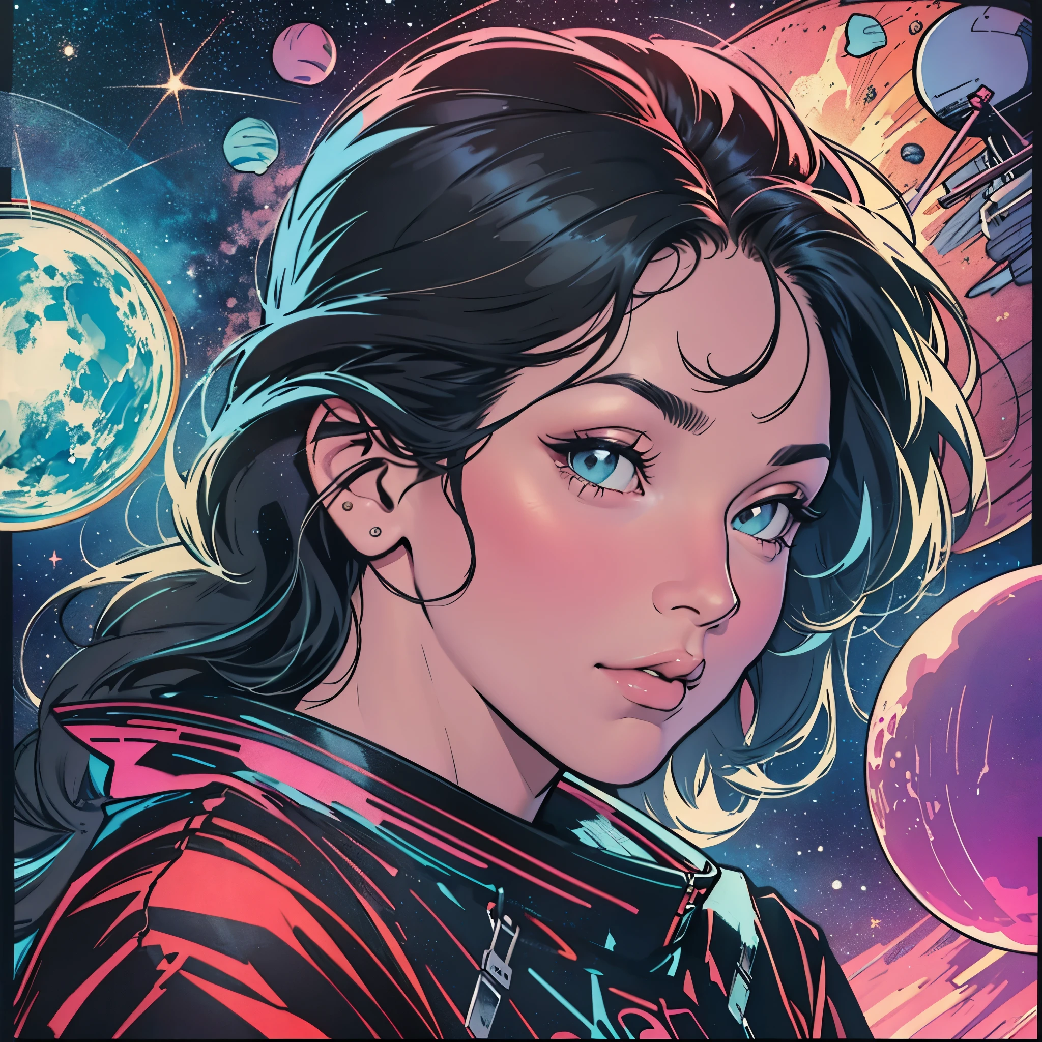 ultimate best quality,beautiful woman,speech bubble,big brest,galaxy,60s,70s,80s,colorful,cosmo,space,