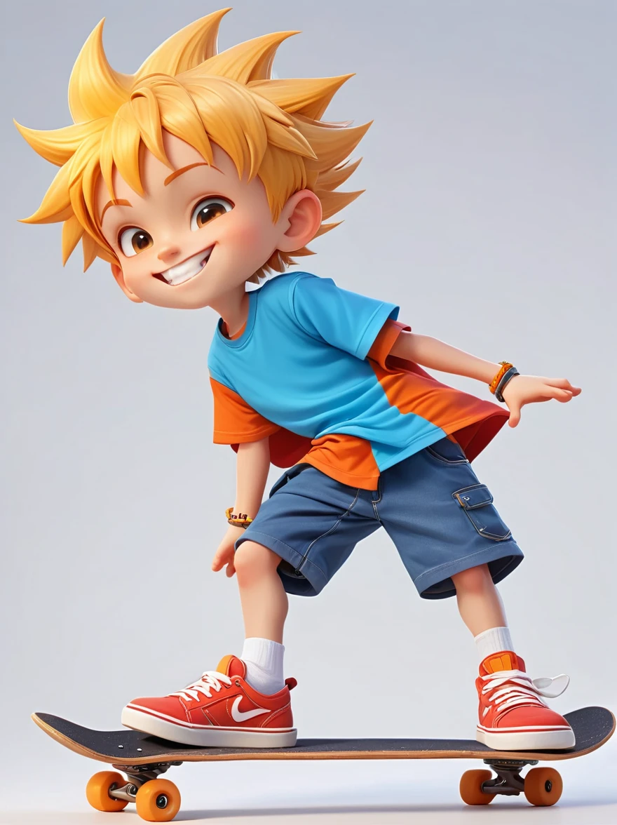 A cartoon character, best described as a playful young boy with spiky yellow hair, wearing an orange t-shirt, blue shorts, and red shoes. He possesses a mischievous grin that often accompanies the troubles he ignites in his unnamed town. He's known for his skateboarding skills and a nonchalant attitude,3D Rendering,Solid color background,chibi anime,Surrealism, Cartoon Style, full-body shot, Super Detail, Anatomically correct, masterpiece, precise
