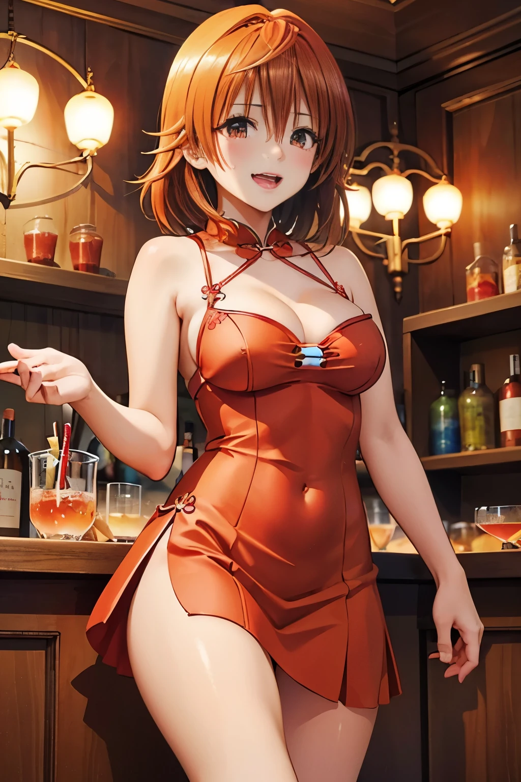 cocktail bar, yawning face, 40k, photography, masterpiece, best quality, (Riko, longhair), medium breasts, (red tiny chinese dress), varied poses,