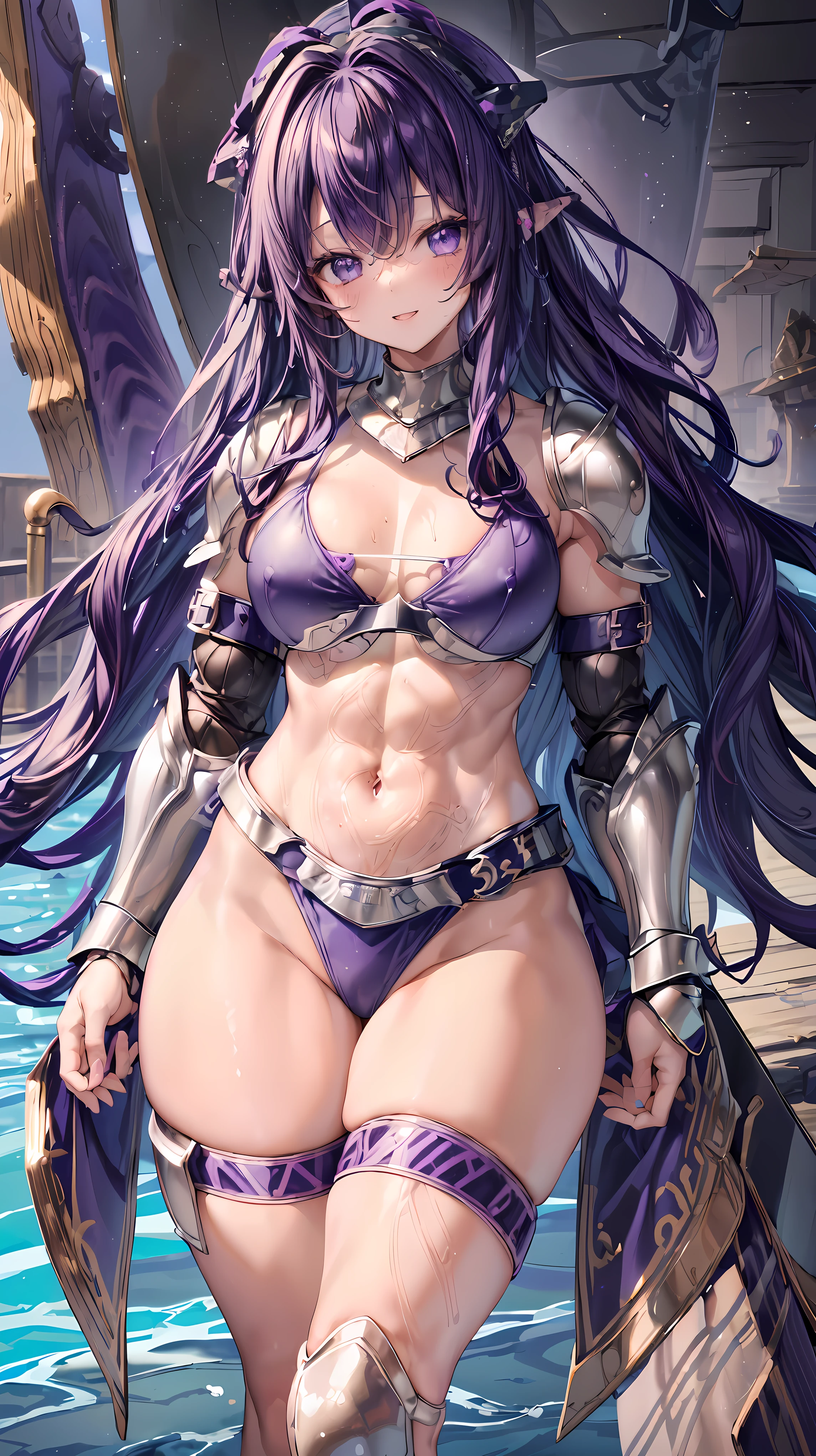 Very detailed、highest quality、Best image quality、masterpiece、8k、Anime Face、A kind smile、Open your mouth、Sparkling blue eyes、(Purple wavy hair:1.5)、、Muscles of the whole body、camisole、Thigh belt、mini skirt、(Wearing bikini armor:1.5)、(Cowboy Shot:1.5)、(Leg armor:1.5)