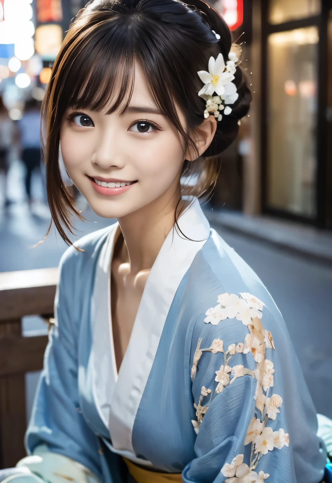masterpiece, best quality:1.1), (8k, raw photo, photo realistic:1.2, f22), (shiny skin), detailed skin,Bun Hair,detailed face, detailed eyes,smile,BREAK, real world, intricate details, smil, BREAK, 1girl, full body,(kimono),BREAK, (nagoya:1.4), BREAK