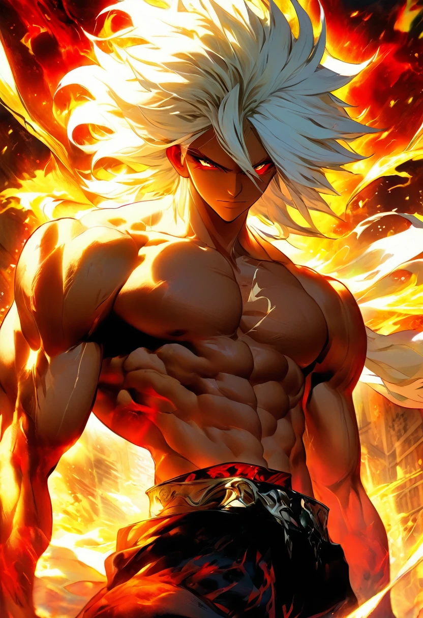 A male anime character with white hair and red eyes,Character album cover,Full Art,Fantasy Characters,Full Art Illustrations,Elemental Character Full Portrait,Character side art,Official character art,Official character illustrationerlin,High Detail Official Art,game button art,omoide emanon, oz,Mobile game art,Fangs,smurk,White hair,No shirt,Muscle body,jump,White clothes。