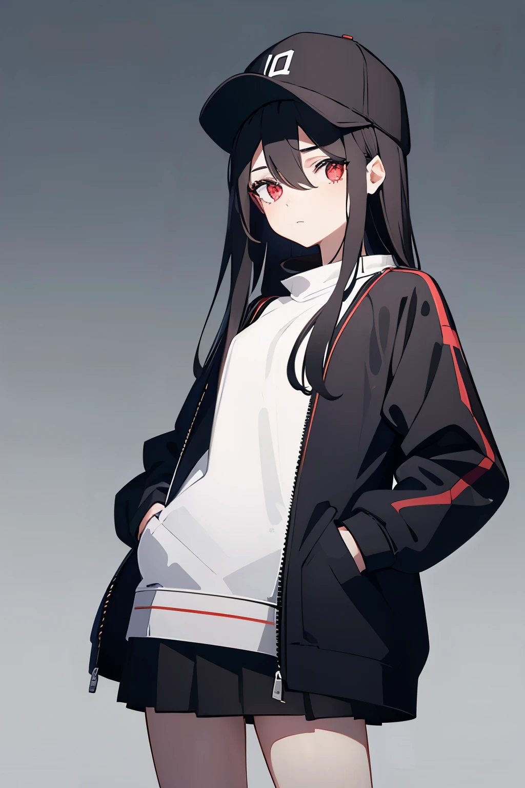 (((masterpiece, illustration, best quality))),  1girl, solo, red eyes, ((detailed eyes)), looking at viewe, ((slong hair)), ((black hair)), standing, ((baseball hat)), white headwear,  body, black jacket, Closed sweater, ((Scenenary:white background)), black socks, ((black shirt)), perfect body,  body, (closed mouth), , (hands in pockets), waterproof jacket, skirt white