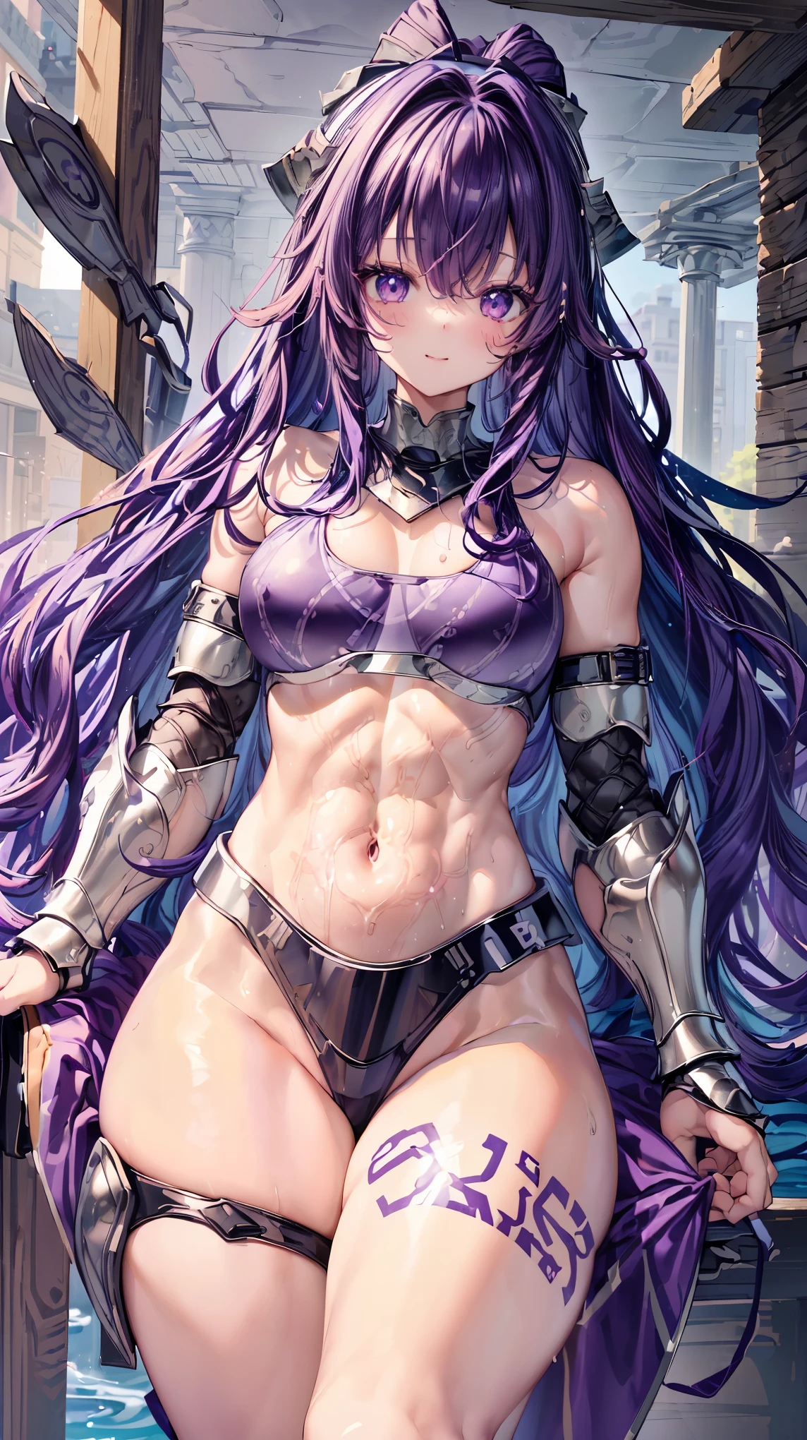 Very detailed、highest quality、Best image quality、masterpiece、8k、Anime Face、A kind smile、Open your mouth、Sparkling blue eyes、(Purple wavy hair:1.5)、、Muscles of the whole body、camisole、Thigh belt、mini skirt、(Wearing bikini armor:1.5)、(Cowboy Shot:1.5)、(Leg armor:1.5)