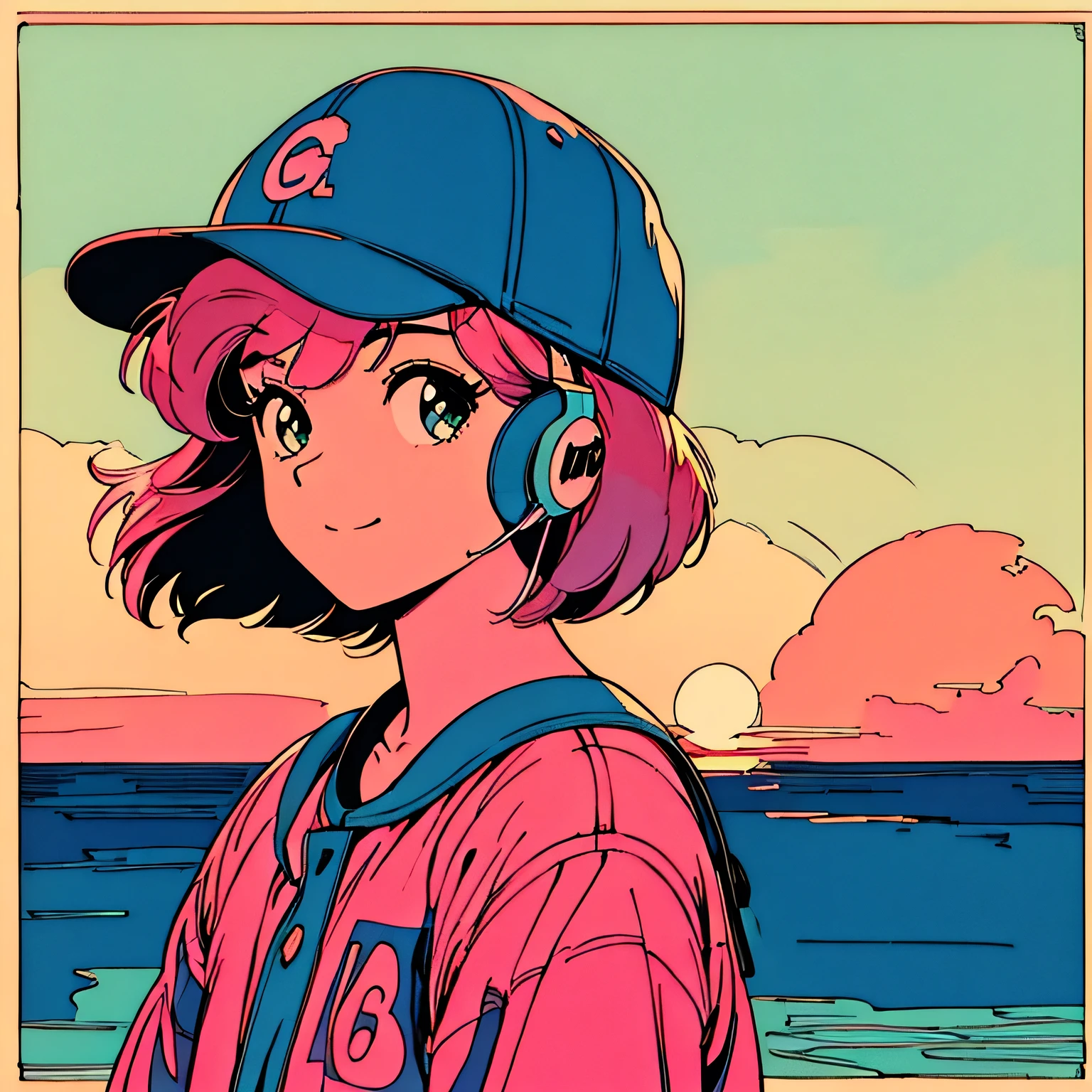 master piece, City Pop style, Pink Hair, fluffy bob cut, wearing headphones, shoulder length, alone, Futuristic, yet, lofi, retro, vintage, Ghost, light smile, baseball cap, sunset, beach, looking away, side shot