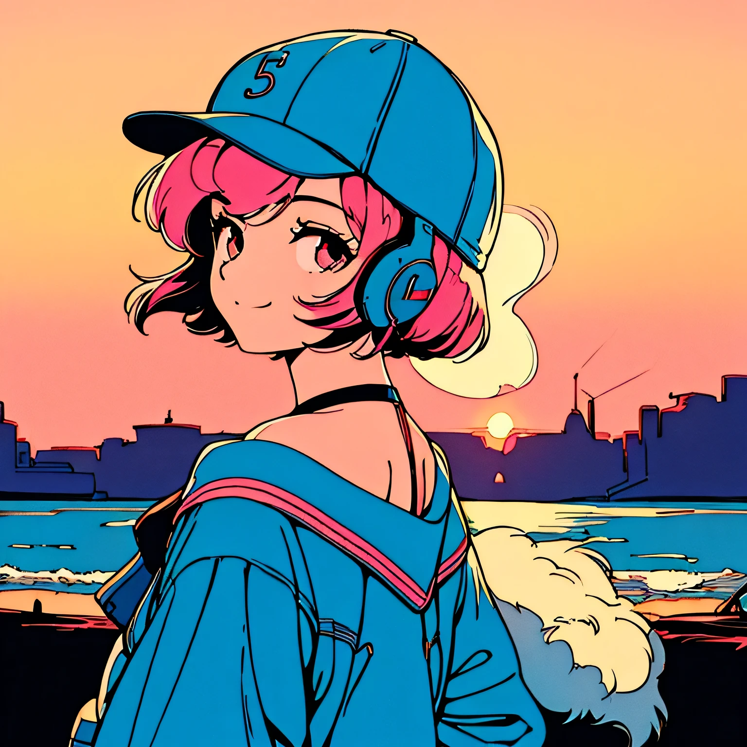 master piece, City Pop style, Pink Hair, fluffy bob cut, wearing headphones, shoulder length, alone, Futuristic, yet, lofi, retro, vintage, Ghost, light smile, baseball cap, sunset, beach, looking away, back shot