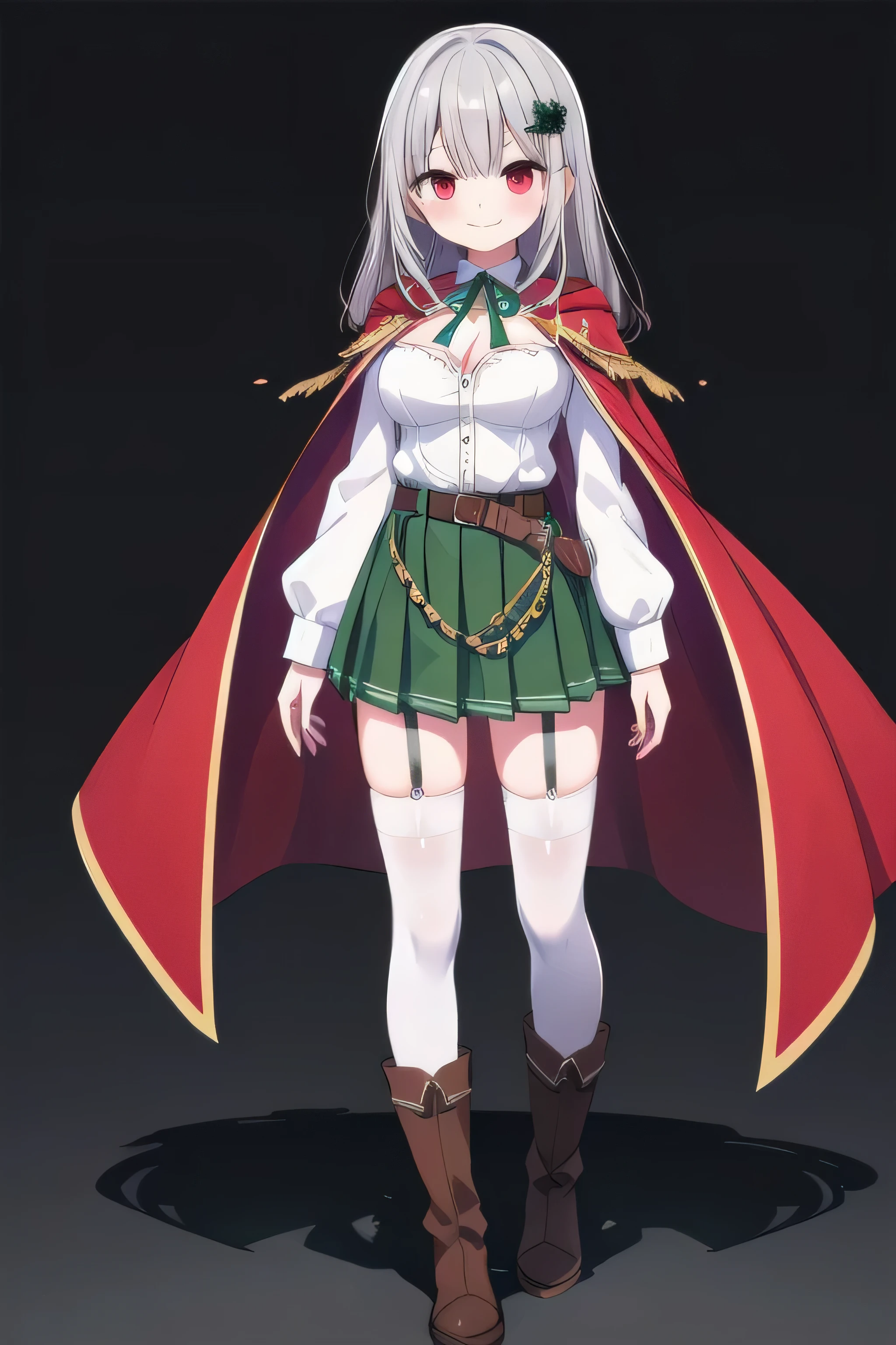 masterpiece, top quality, super detailed, CG illustration, high resolution, better lighting, best shadows, very delicate and beautiful, proper shading, hd, 8k,1girl, solo, long hair, breasts, looking at viewer, smile, skirt, simple background, shirt, hair ornament, red eyes, thighhighs, long sleeves, ribbon, cleavage, medium breasts, closed mouth, standing, full body, white shirt, grey hair, pleated skirt, boots, belt, cape, white thighhighs, garter straps, brown footwear, black background, green skirt, red cape