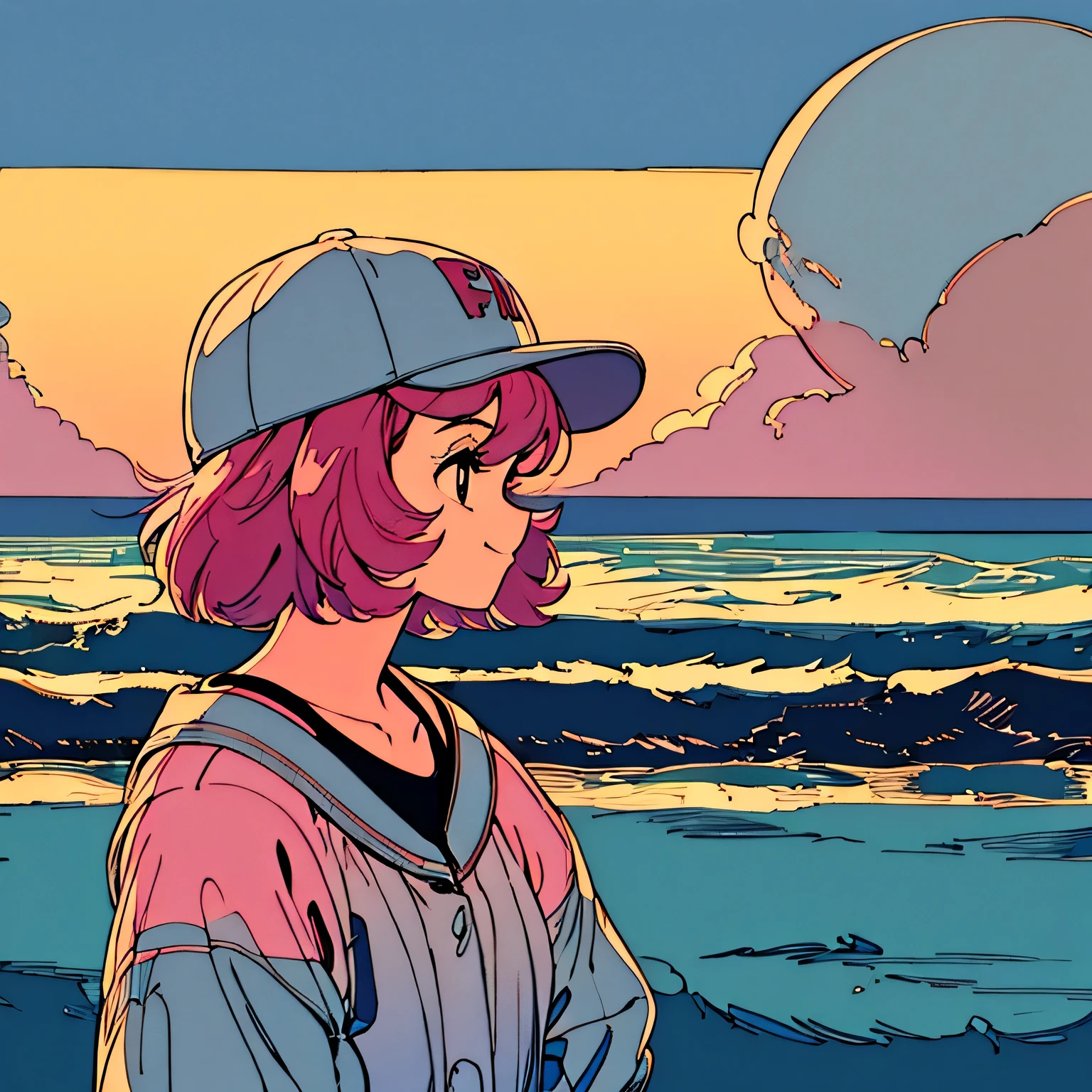 master piece, City Pop style, Pink Hair, fluffy bob cut, wearing headphones, shoulder length, alone, Futuristic, yet, lofi, retro, vintage, Ghost, light smile, baseball cap, sunset, beach, looking away, side shot