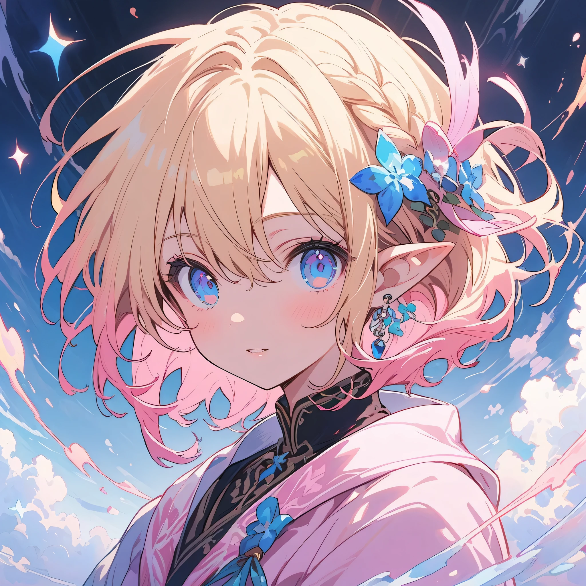 logo mark of elf girl side face, blue eyes, long blonde, circle frame ivy, art nouveau, text "pink girl"、(highest quality、masterpiece、High resolution、detailed)、anime style、Flat Style、(eyes shining iridescent colors illuminated light,Beautiful Face), BREAK,Dynamic Angle、extremely detailed、anime