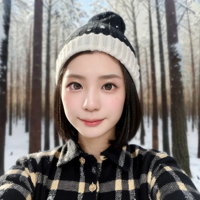 (kawaii 24 year-old Japanese girl, Nogizaka idol, Korean idol), (glossy black hair, short bob, even and symmetric hair design:1.3), (deep black eyes, rounded face, single eyelid, no makeup, soft smiling:1.2), (wearing longsleeved flannel shirt, knitted beanie:1.3), (extra small breasts:0.9), (looking at camera:1.2), BREAK, (snowy winter forest background:1.3), (upper body shot, view from below:1.3), BREAK, (masterpiece, best quality, photo realistic, official art:1.4), (UHD, 8K quality wallpaper, high resolution, raw photo, golden ratio:1.3), (shiny skin), professional lighting, physically based rendering, award winning, (highly detailed skin, extremely detailed face and eyes), Carl Zeiss 85 mm F/1.4, depth of field, 1girl, solo,