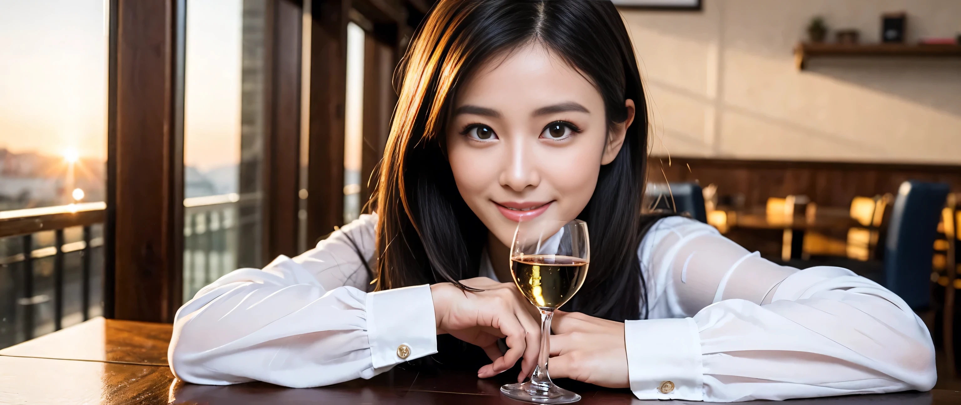 ((highest quality、8k、masterpiece:1.3))、Beautiful woman perfect body:1.4、Slim body、((Bob Hale、Straight hair:1.2))、 Ultra-high resolution, Bright image、2. The beauty of wine, Beautiful Face, blue eyes, Beautiful Eyes, The light shines on your face, Blushing your nose, short hair,Amazing view of the sunset sky and clouds、Amazing mountain views、A bright smile、A lovely woman with a smile、Bright Face、Fox face、Lady、Champagne、Wine bottle、wine glass、red wine 、Appetizers、Italian food、Two beauties、Brown Hair、Shortcuts、Long sleeve shirt、Winter Fashion、dress、Wine bottle、sparkling wine、Pretty Woman 1, (Slim face), (Brown Hair), (Shortcuts), cheeks turn a little red, (42 years old), 39 years old, Attractive beauty、restaurant, Nova Frog Style, actress, model, Upper Body, White wine, slim, wine glass, A wine glass placed in the middle, smile, (smile: 1.15), Beautiful Eyes, Strong light and shadow,Moist Body:1.5、Delicate eyes、Brown Hair、The hair is very shiny、
