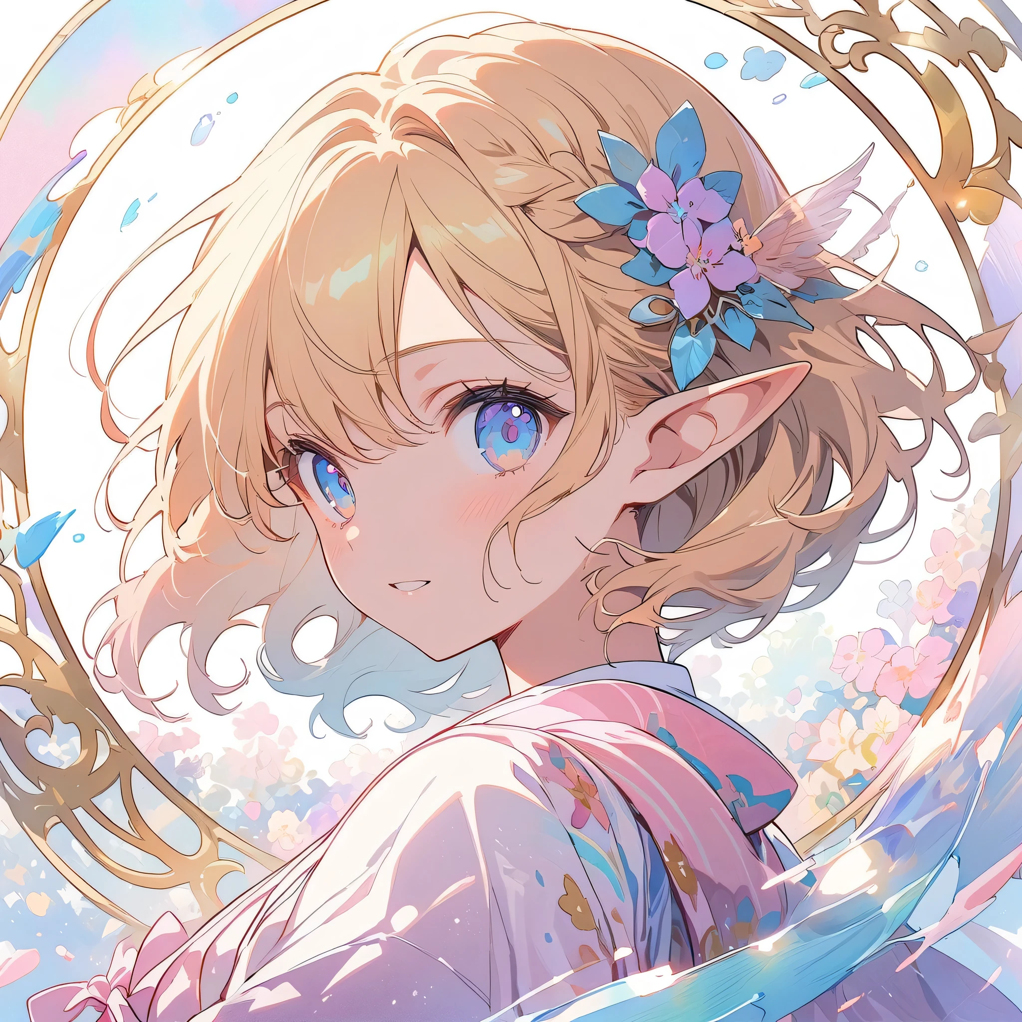 logo mark of elf girl side face, blue eyes, long blonde, circle frame ivy, art nouveau, text "pink girl"、(highest quality、masterpiece、High resolution、detailed)、anime style、Flat Style、(eyes shining iridescent colors illuminated light,Beautiful Face),  BREAK,Dynamic Angle、extremely detailed、anime