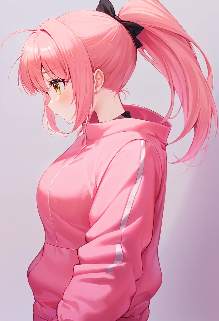 Pink yellow hair，Raised ponytail，Yellow pink jacket ，A tall and kind girl