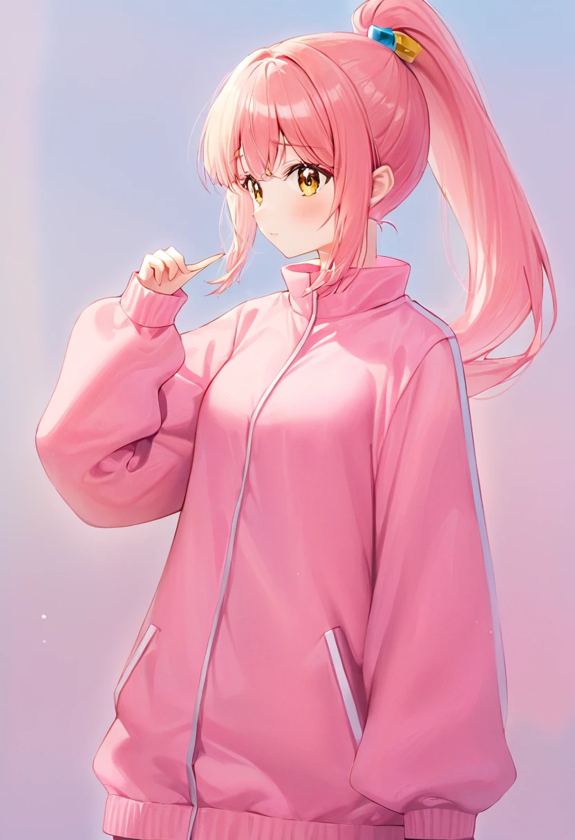 Pink yellow hair,Raised ponytail,Yellow pink jacket ,A tall and kind girl