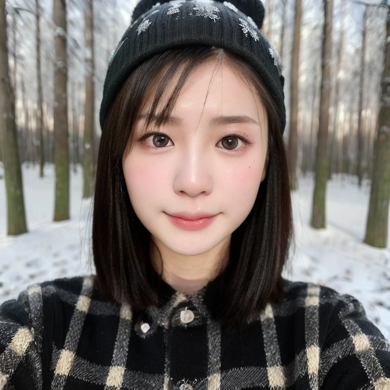 (kawaii 24 year-old Japanese girl, Nogizaka idol, Korean idol), (glossy black hair, short bob, even and symmetric hair design:1.3), (deep black eyes, rounded face, single eyelid, no makeup, soft smiling:1.2), (wearing longsleeved flannel shirt, knitted beanie:1.3), (extra small breasts:0.9), (looking at camera:1.2), BREAK, (snowy winter forest background:1.3), (upper body shot, view from below:1.3), BREAK, (masterpiece, best quality, photo realistic, official art:1.4), (UHD, 8K quality wallpaper, high resolution, raw photo, golden ratio:1.3), (shiny skin), professional lighting, physically based rendering, award winning, (highly detailed skin, extremely detailed face and eyes), Carl Zeiss 85 mm F/1.4, depth of field, 1girl, solo,