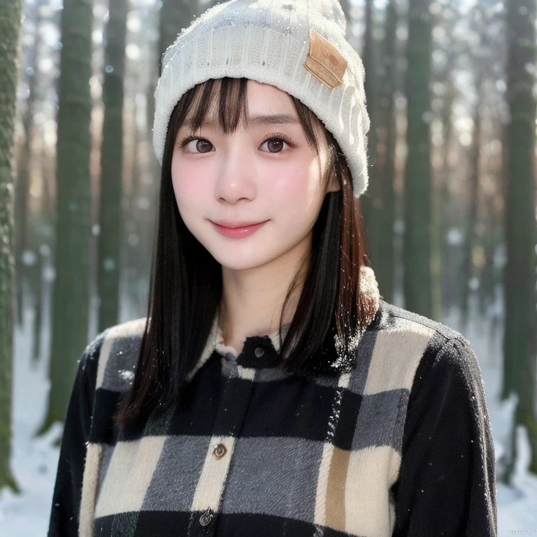 (kawaii 24 year-old Japanese girl, Nogizaka idol, Korean idol), (glossy black hair, short bob, even and symmetric hair design:1.3), (deep black eyes, rounded face, single eyelid, no makeup, soft smiling:1.2), (wearing longsleeved flannel shirt, knitted beanie:1.3), (extra small breasts:0.9), (looking at camera:1.2), BREAK, (snowy winter forest background:1.3), (upper body shot, view from below:1.3), BREAK, (masterpiece, best quality, photo realistic, official art:1.4), (UHD, 8K quality wallpaper, high resolution, raw photo, golden ratio:1.3), (shiny skin), professional lighting, physically based rendering, award winning, (highly detailed skin, extremely detailed face and eyes), Carl Zeiss 85 mm F/1.4, depth of field, 1girl, solo,