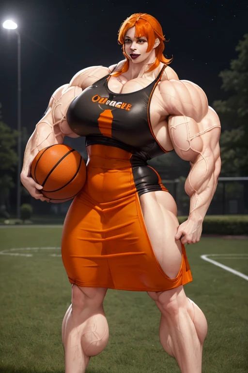 (((((Massive, tall, beautiful, pale white skinned, buff, muscular woman with orange hair, black lipstick, ginormous bulky muscles, flexing bulging biceps and wearing a leather orange basketball Jersey dress))))), (close view), (massive muscle), massive biceps, hyper muscle shoulders, vascular shoulders, hyper muscle triceps, (shaggy long hair), green eyes, (wristbands), choker, sneakers, (in a outdoors park), confident smile, night, hyper vascular arm, hyper muscles arms, hyper muscle legs, massive arms.