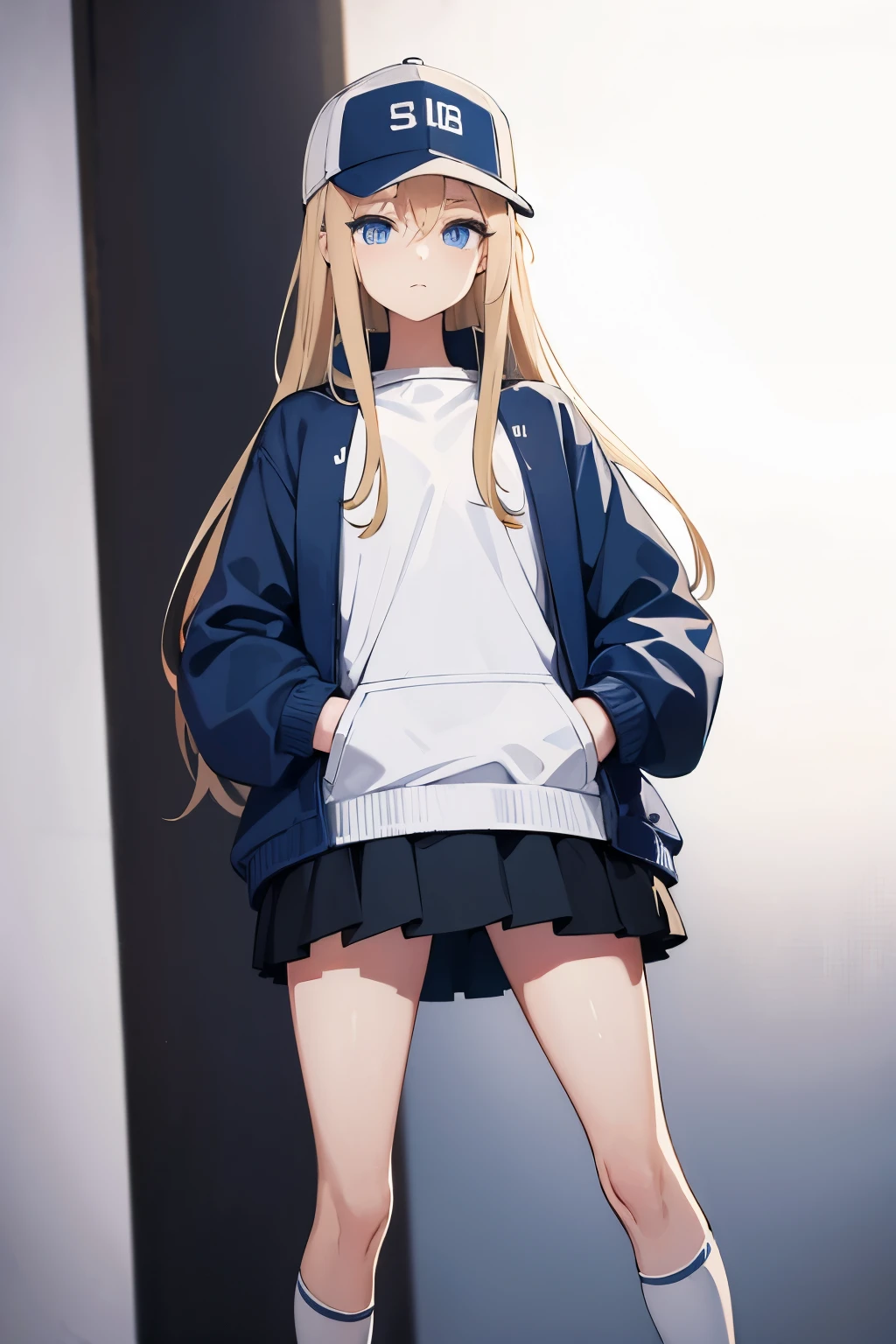 (((masterpiece, illustration, best quality))),  1girl, solo, blue eyes, ((detailed eyes)), looking at viewe, ((slong hair)), (blonde hair)), standing, ((baseball hat)), white headwear,  body, blue jacket, Closed sweater, ((Scenenary:white background)), long socks, (chess shirt)), perfect body,  body, (closed mouth), , (hands in pockets), waterproof jacket, chess skirt .