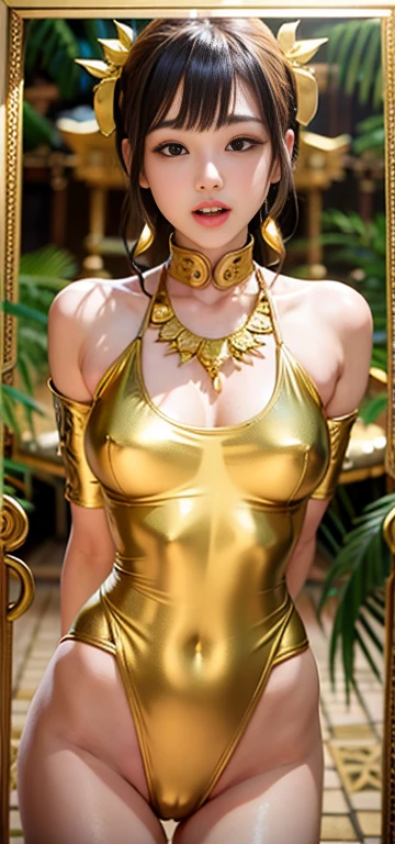 （Gold swimsuit with gold decoration）（close your eyes）（Gold swimsuit with gold decoration）、（Golden ancient oriental temple）（Golden Altar）