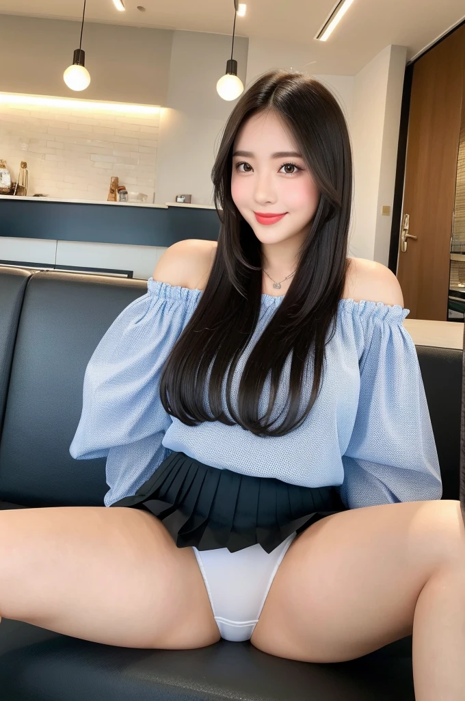 ,(tareme:1.4),kind eyes,curvy body,(beautiful young japanese woman),straight hair,look at viewer,off-the -shoulder,blouse,pleated skirt,shiny skin,light make-up,fellatio gesture,sitting on sofa at cafe,24 years old,tender smile,sexy laced undies,(spreading legs),no make-up,lifting up skirt,lifted skirt