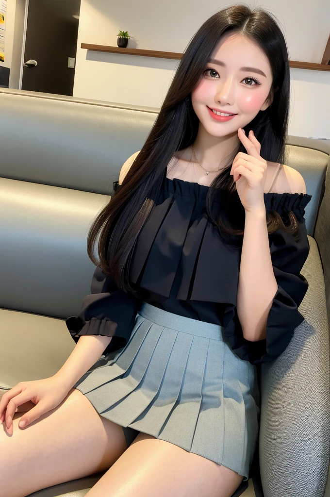 ,(tareme:1.4),kind eyes,curvy body,(beautiful young japanese woman),straight hair,look at viewer,off-the -shoulder,blouse,pleated skirt,shiny skin,light make-up,fellatio gesture,sitting on sofa at cafe,24 years old,tender smile,sexy laced undies,(spreading legs),no make-up,lifting up skirt,lifted skirt